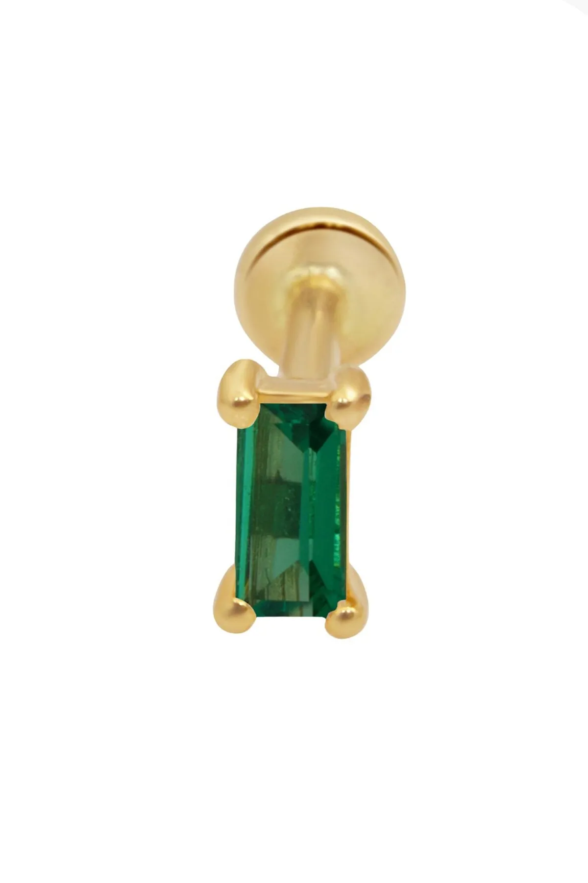 14K Gold Baguette Cut Emerald Helix Tragus Internally Threaded Flat Back Earring Labret Stud