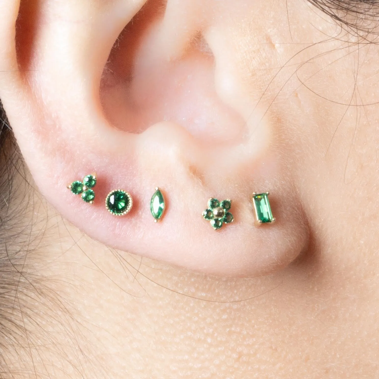 14K Gold Baguette Cut Emerald Helix Tragus Internally Threaded Flat Back Earring Labret Stud