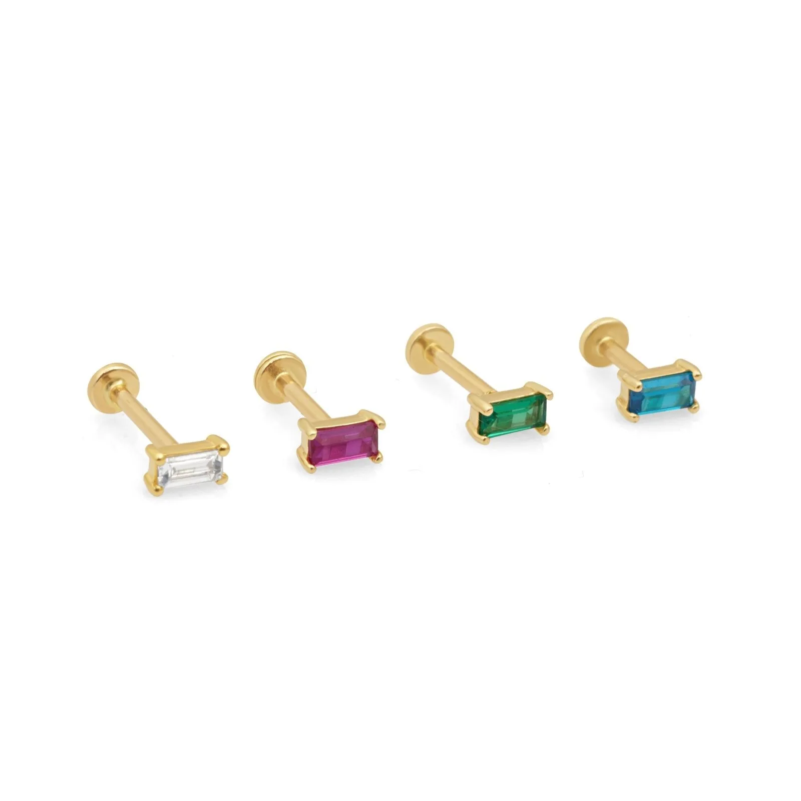 14K Gold Baguette Cut Emerald Helix Tragus Internally Threaded Flat Back Earring Labret Stud