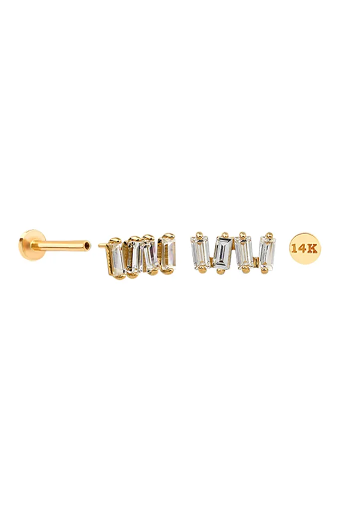 14K Gold Baguette Cz Helix Tragus Internally Threaded Flat Back Earring Labret Stud