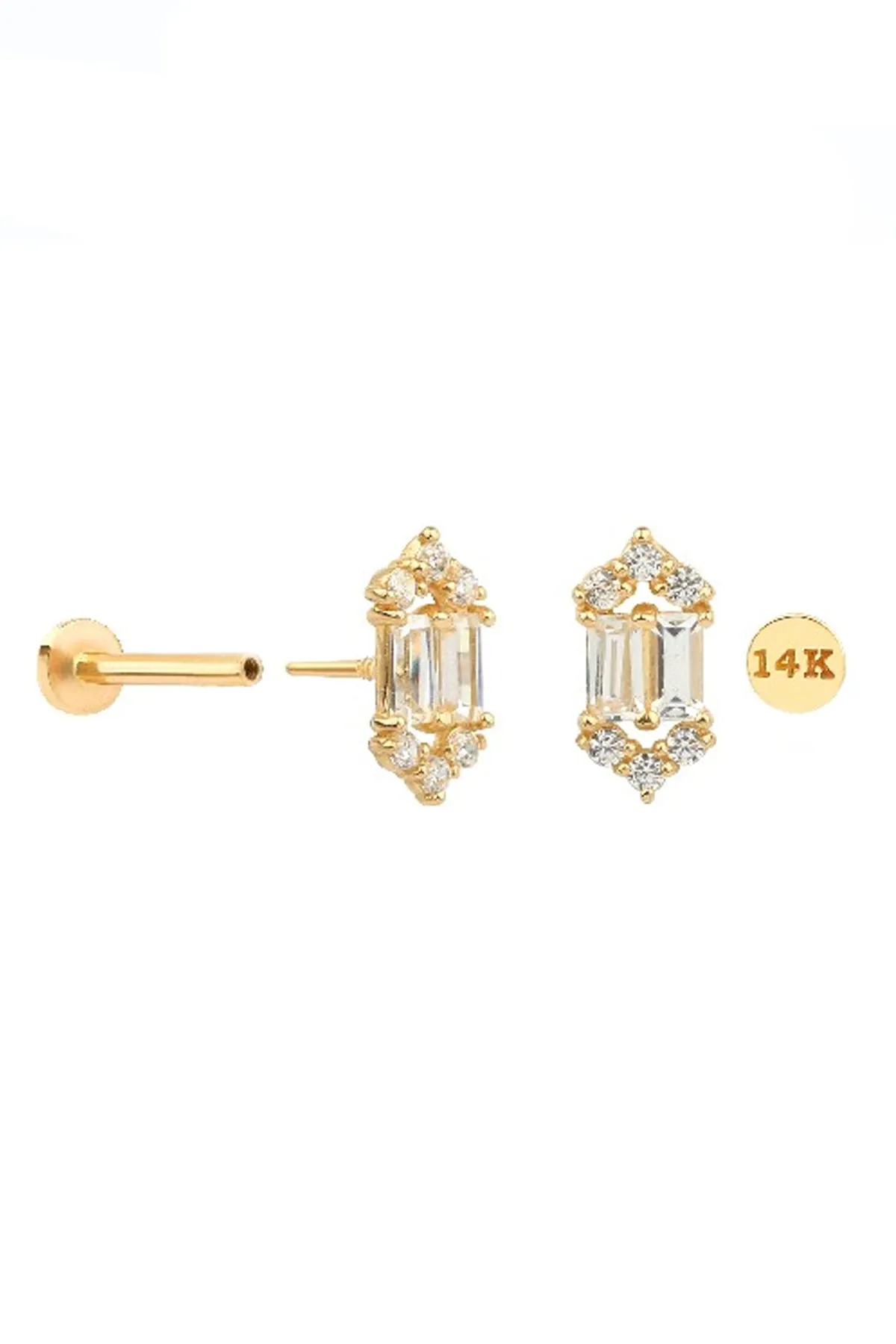 14K Solid Gold CZ Crown Helix Cartilage Tragus Conch Internally Threaded Flat Back Earring Labret