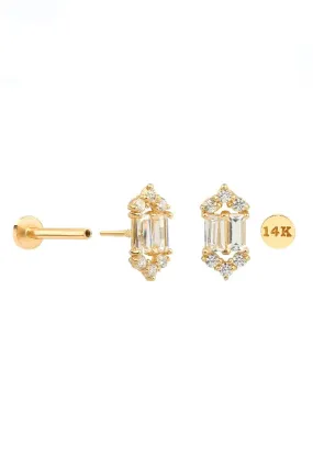 14K Solid Gold CZ Crown Helix Cartilage Tragus Conch Internally Threaded Flat Back Earring Labret