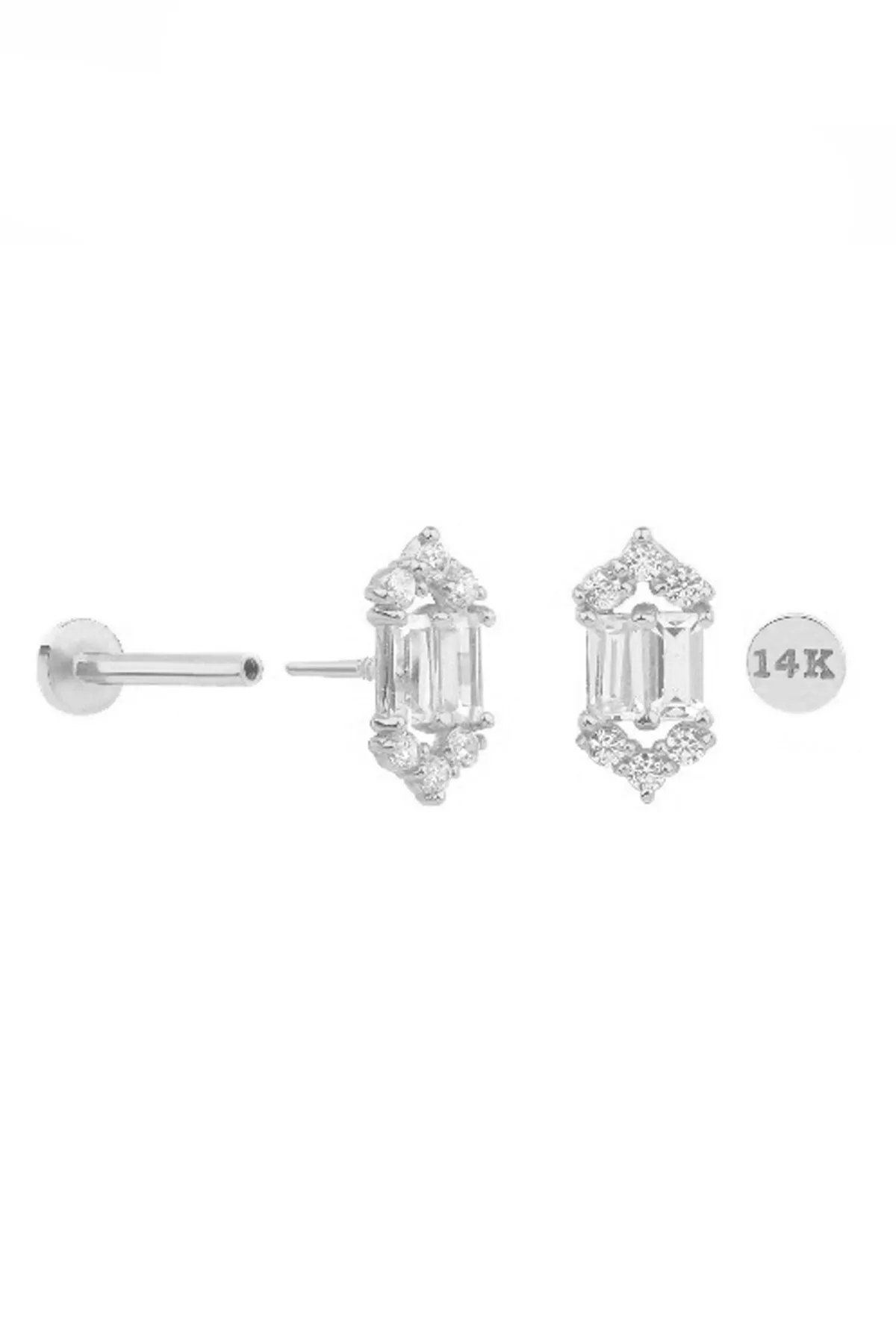 14K Solid Gold CZ Crown Helix Cartilage Tragus Conch Internally Threaded Flat Back Earring Labret