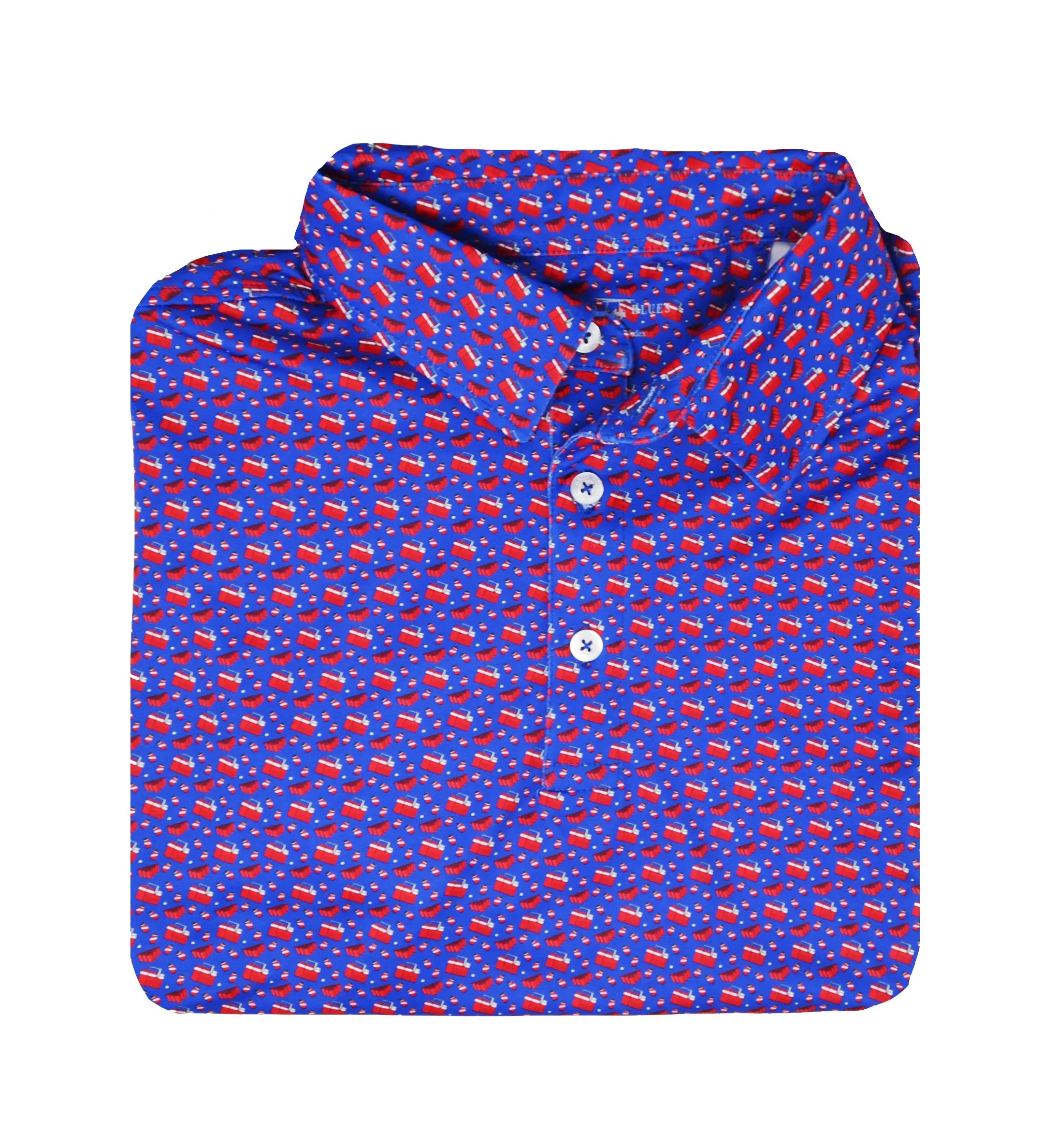 Albatross Polo Shirt - Royal Blue with All-Over Cooler Print.