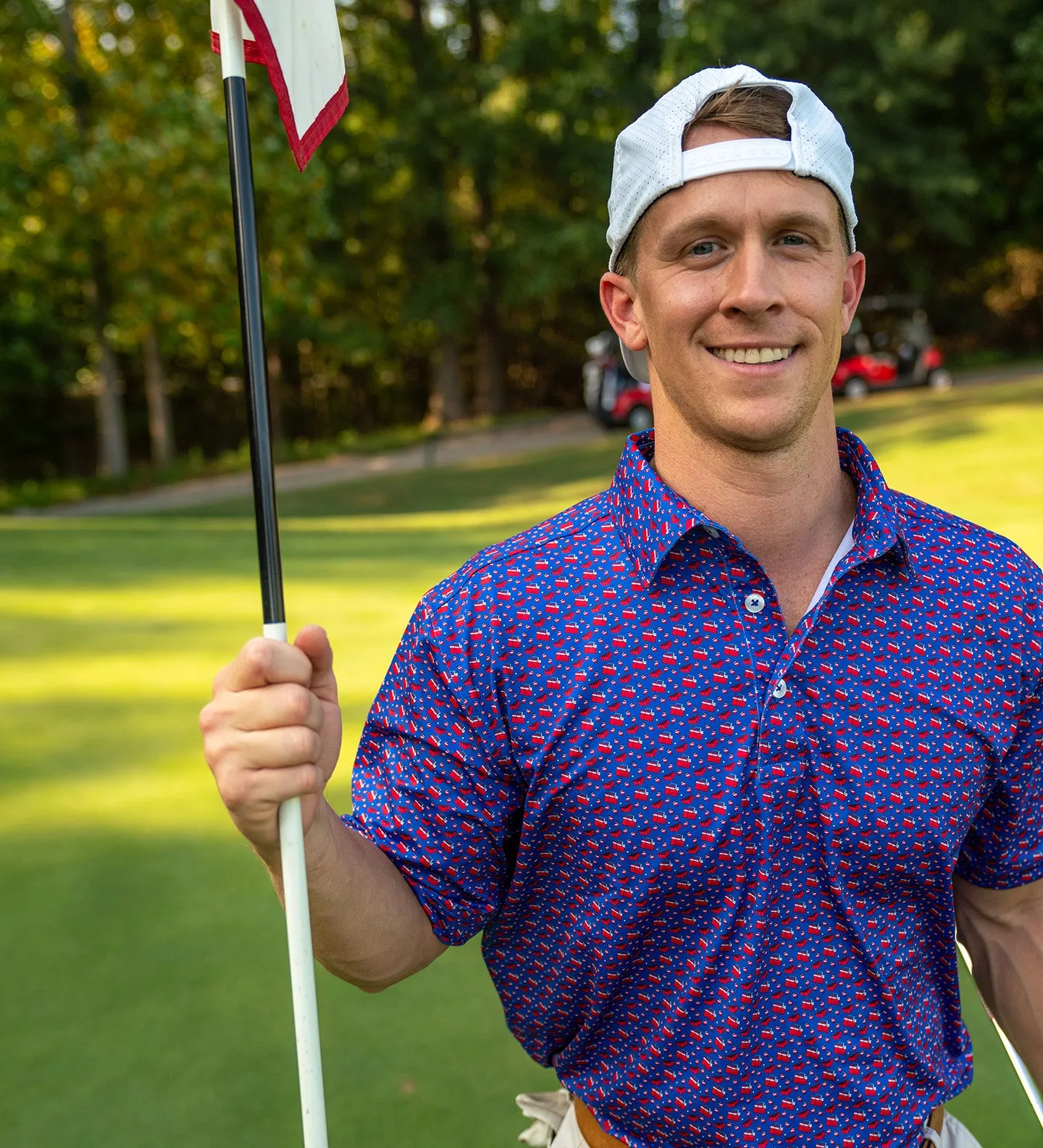 Albatross Polo Shirt - Royal Blue with All-Over Cooler Print.