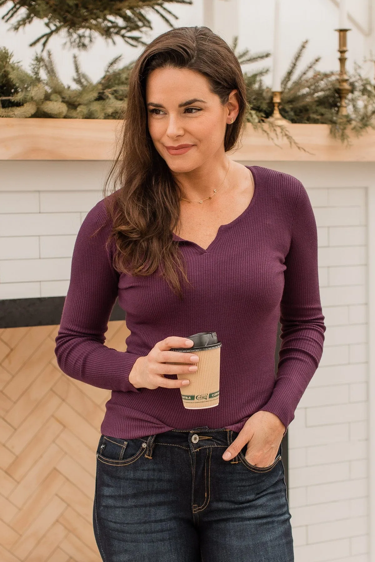 Possibilities Notch Knit Top Eggplant