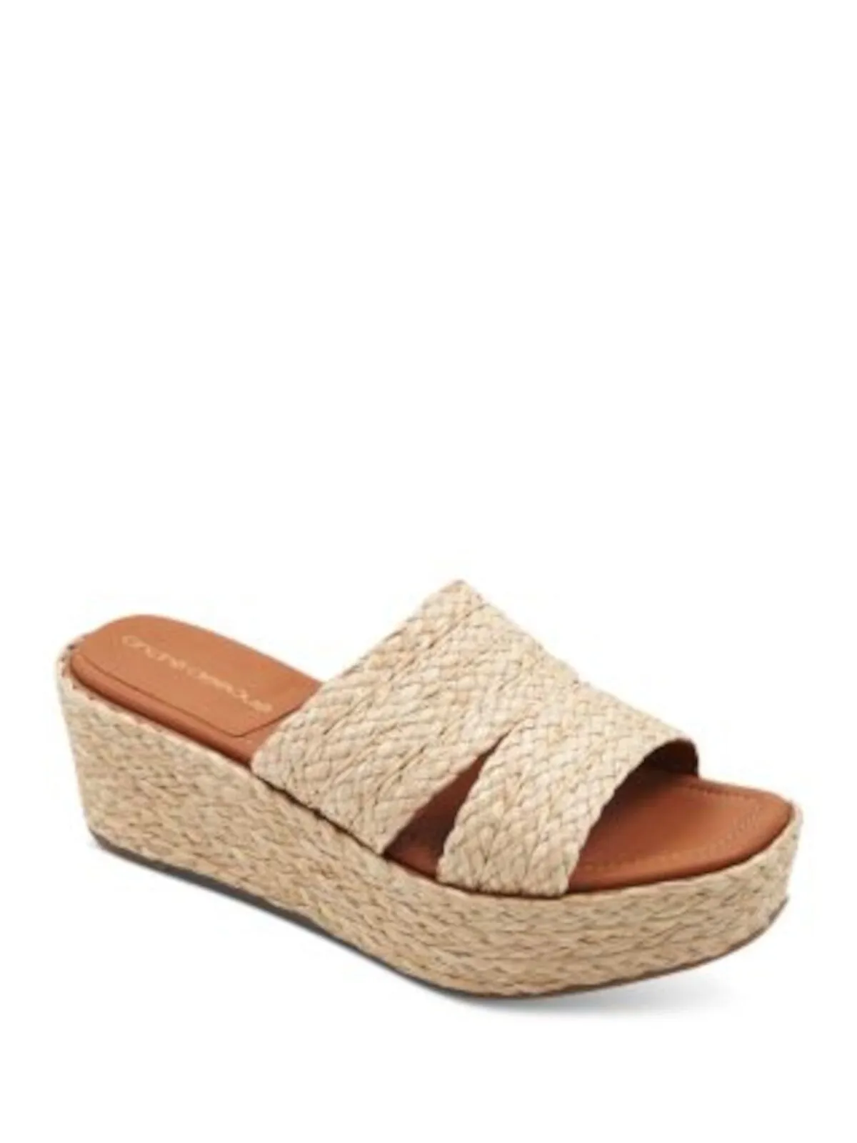 Andre Assous Beige Raffia Platform Braided Selena Square Toe Wedge Slip On Espadrilles