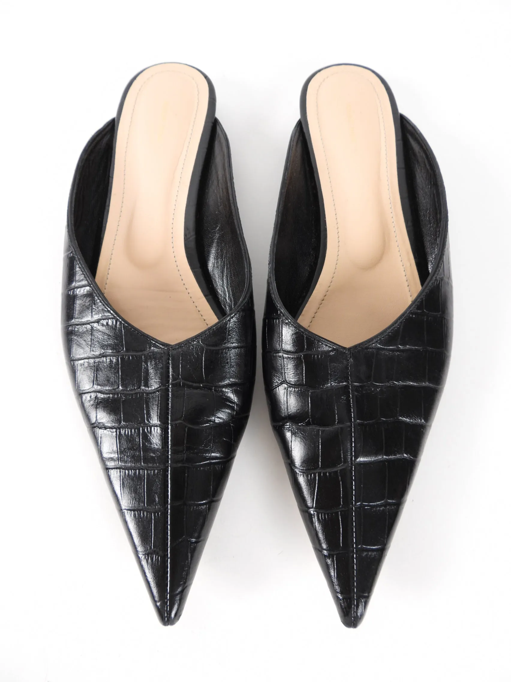 Anine Bing Black Embossed Leather Pointed Mules - Size 40