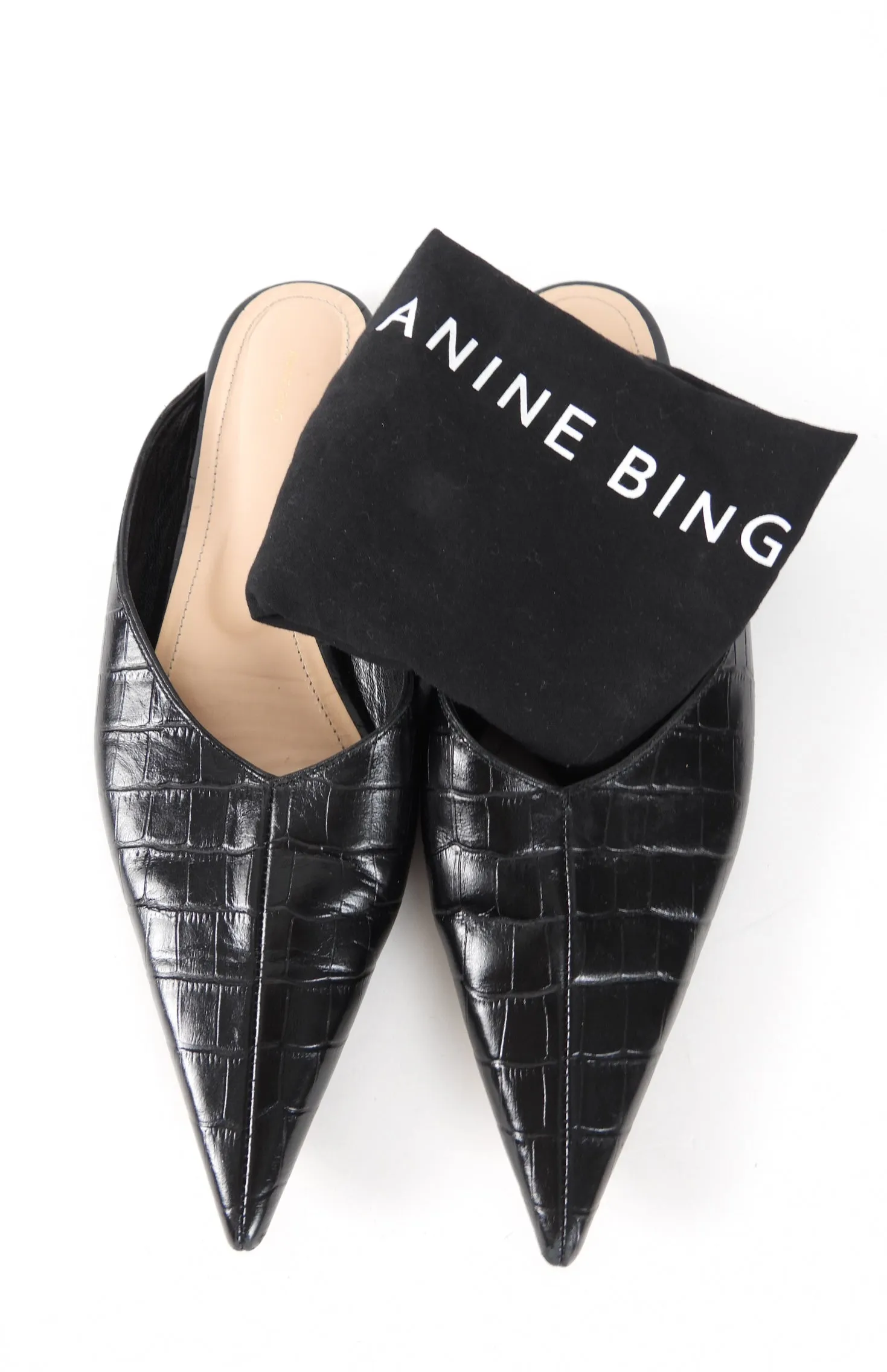 Anine Bing Black Embossed Leather Pointed Mules - Size 40