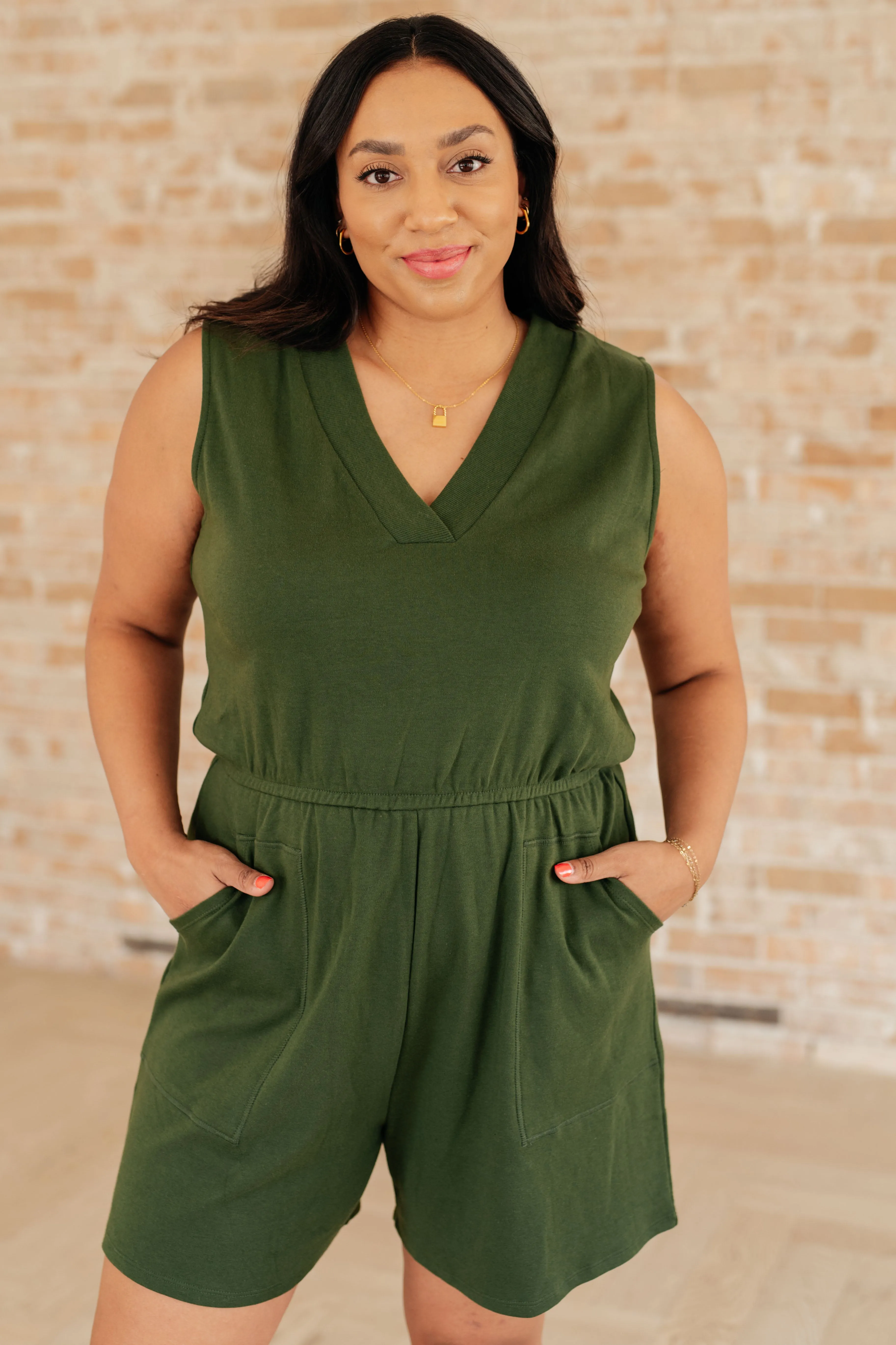 Army Green Sleeveless Romper with V-Neck