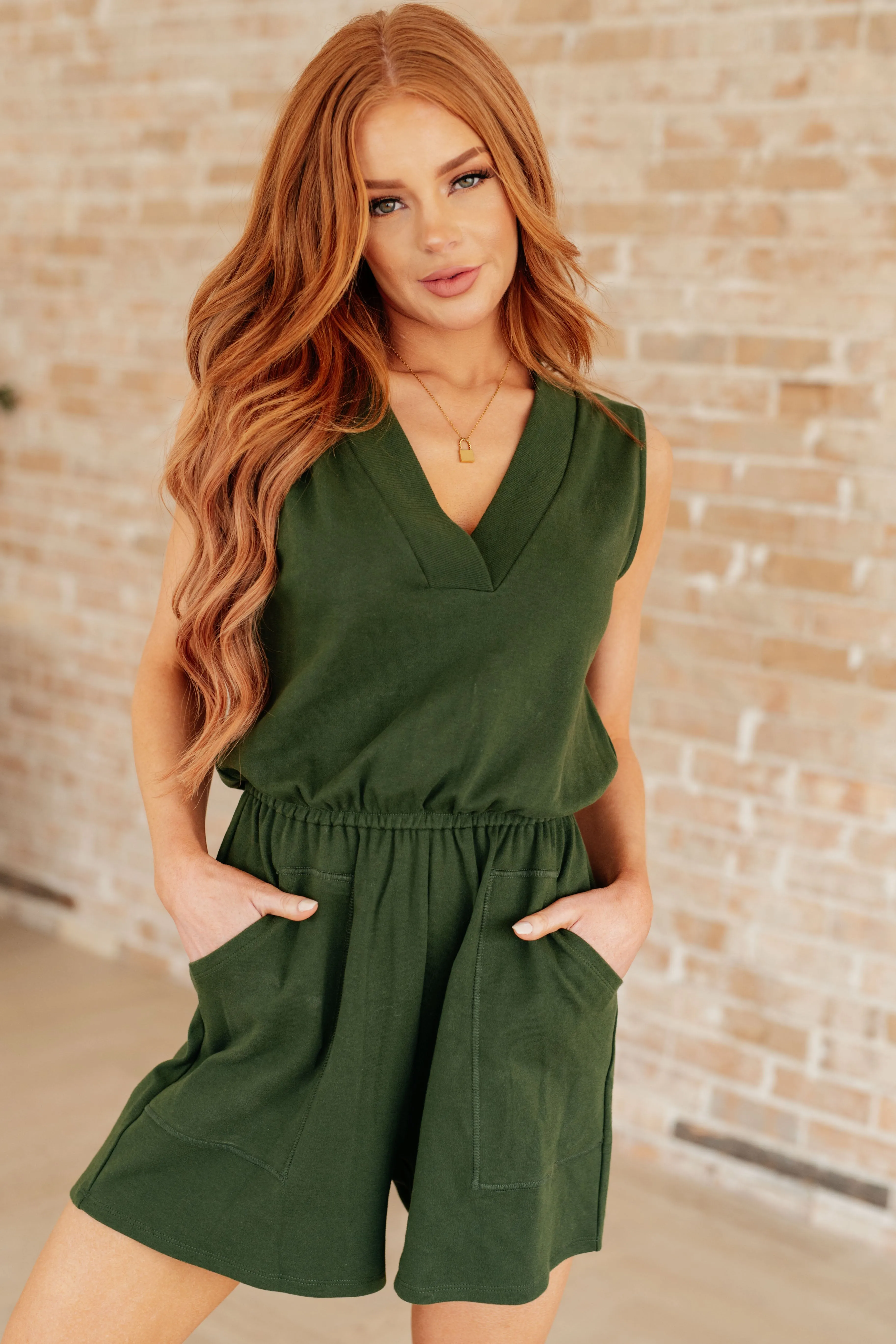 Army Green Sleeveless Romper with V-Neck