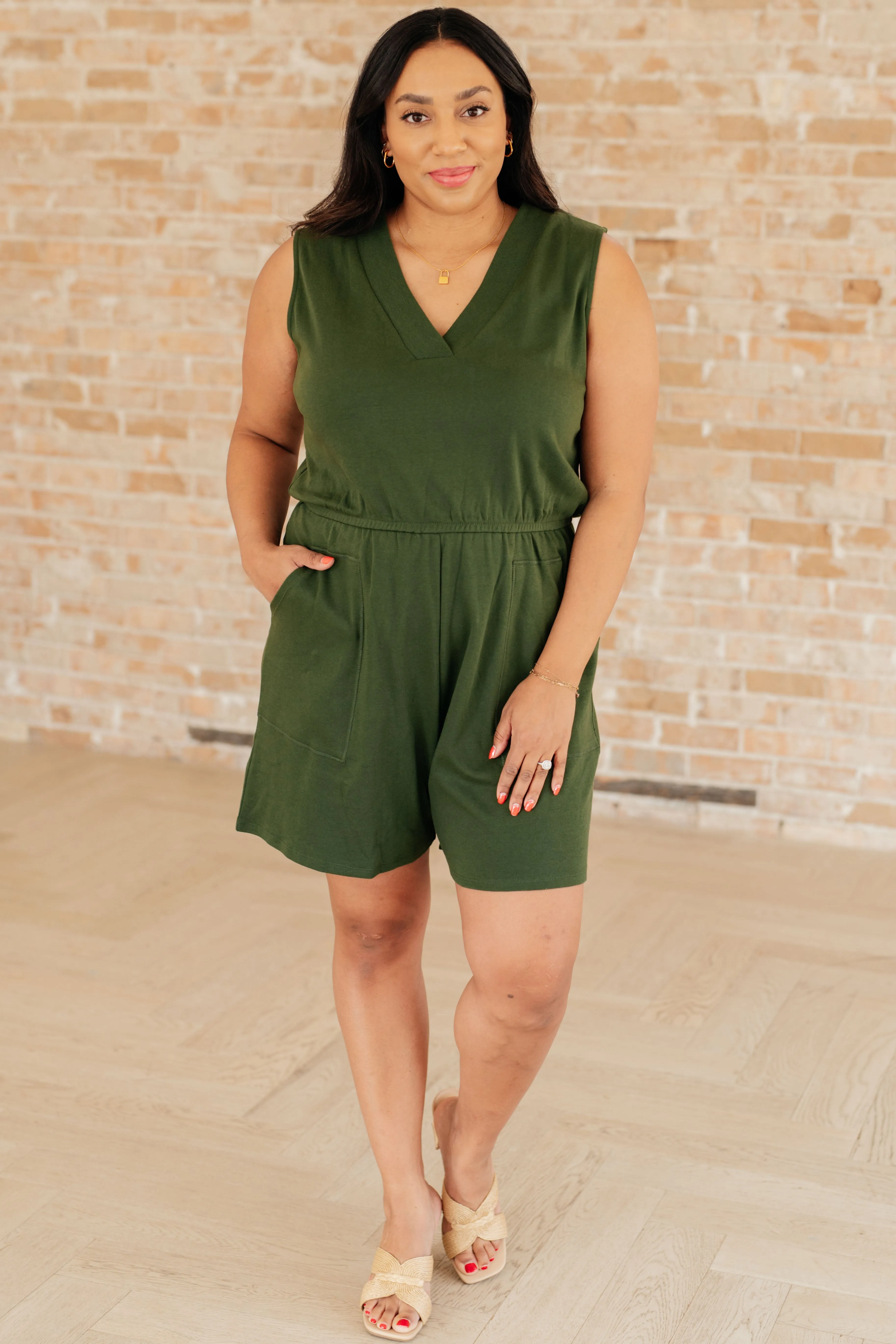 Army Green Sleeveless Romper with V-Neck