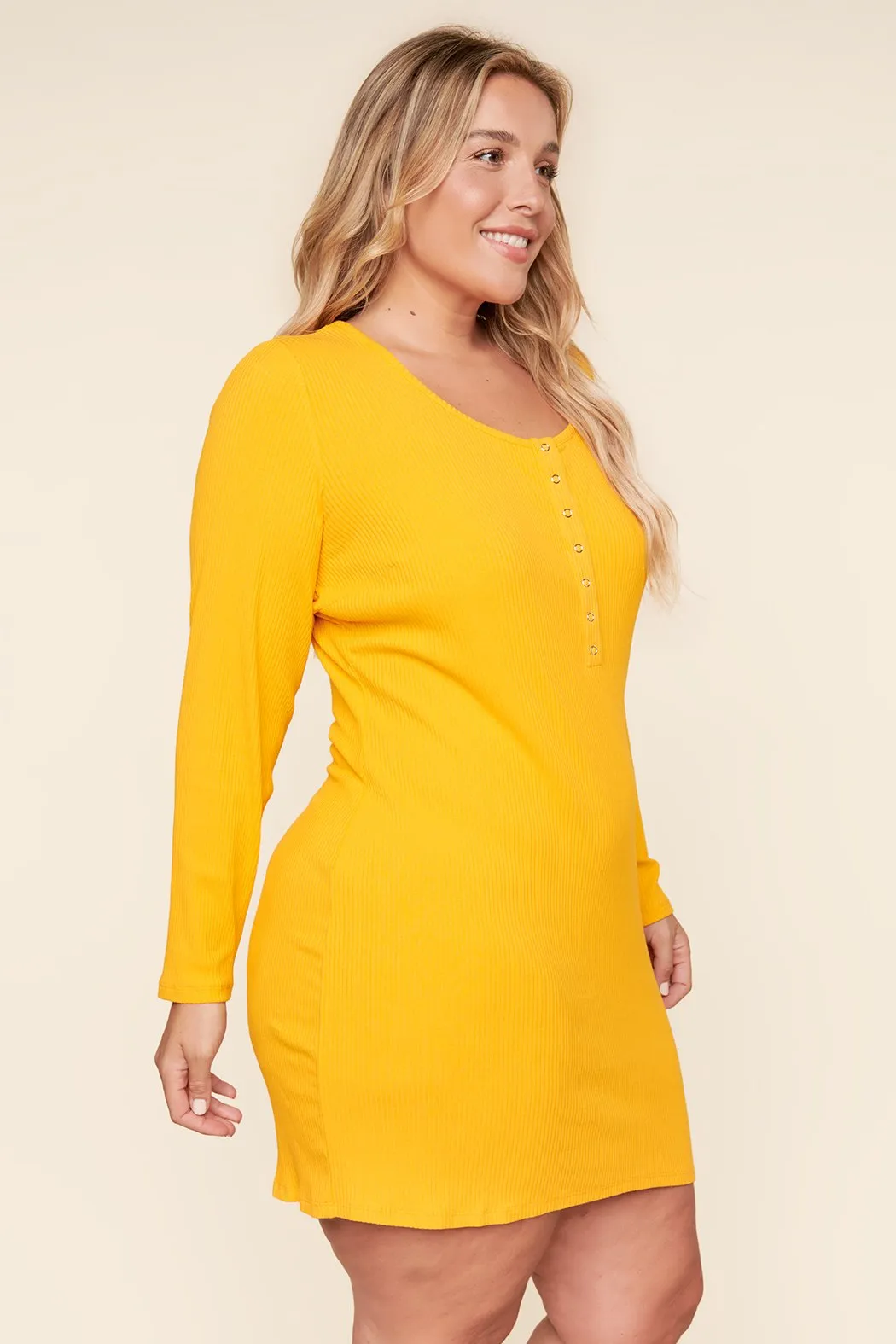 Avignon Ribbed Knit Long Sleeve Henley Mini Dress Curve