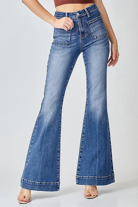 Axella High Rise Front Patch Pocket Bell Bottom Jeans