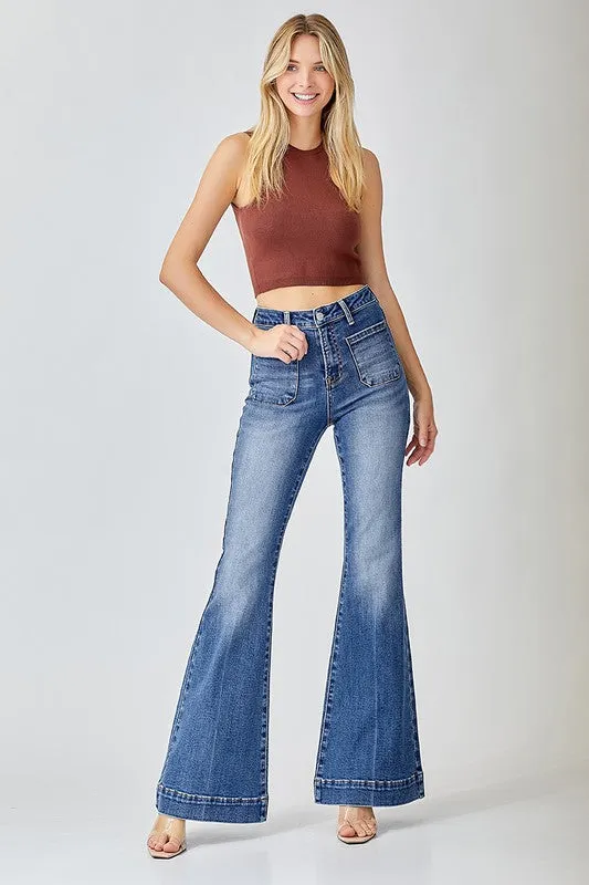 Axella High Rise Front Patch Pocket Bell Bottom Jeans