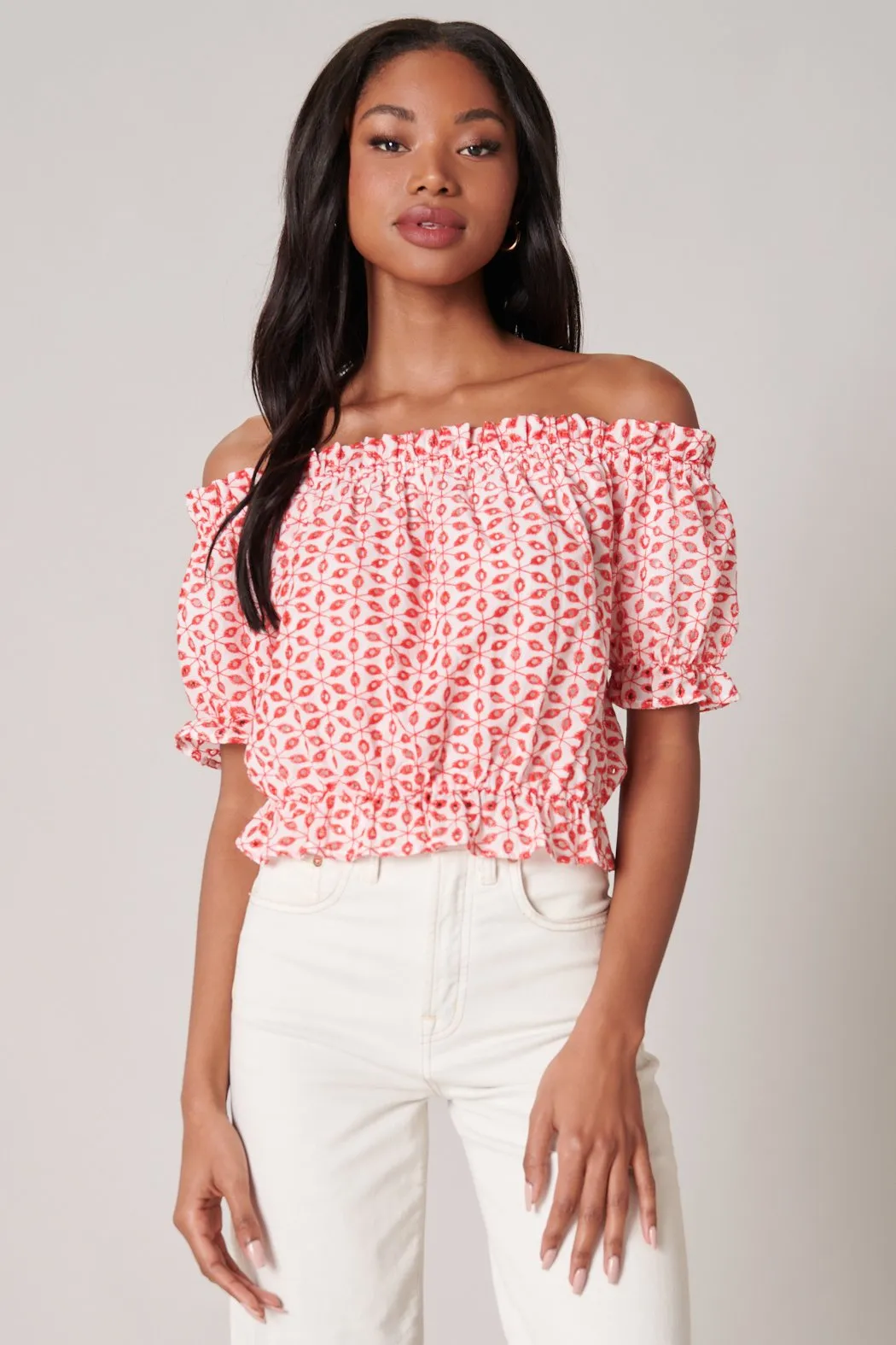 Backroad Eyelet Off the Shoulder Crop Top