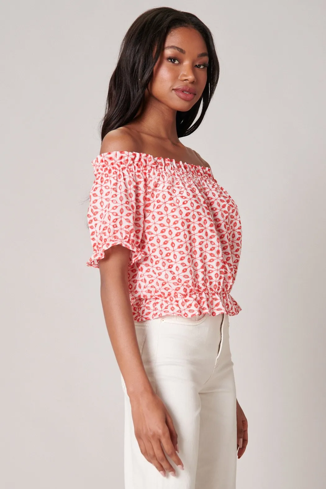 Backroad Eyelet Off the Shoulder Crop Top