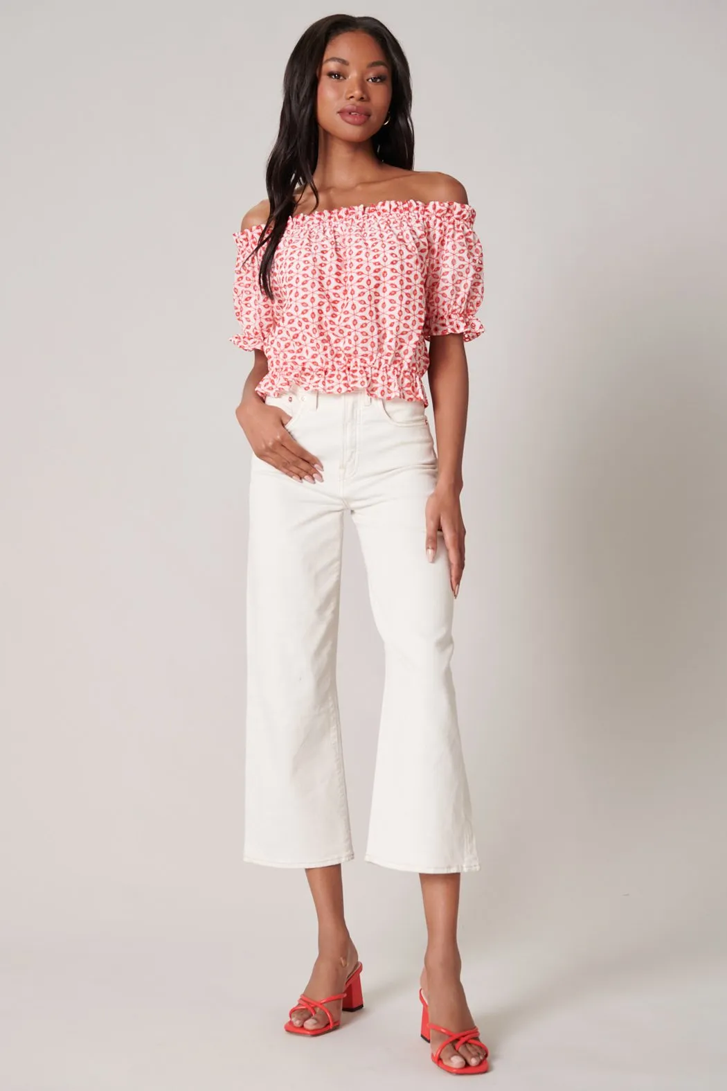 Backroad Eyelet Off the Shoulder Crop Top