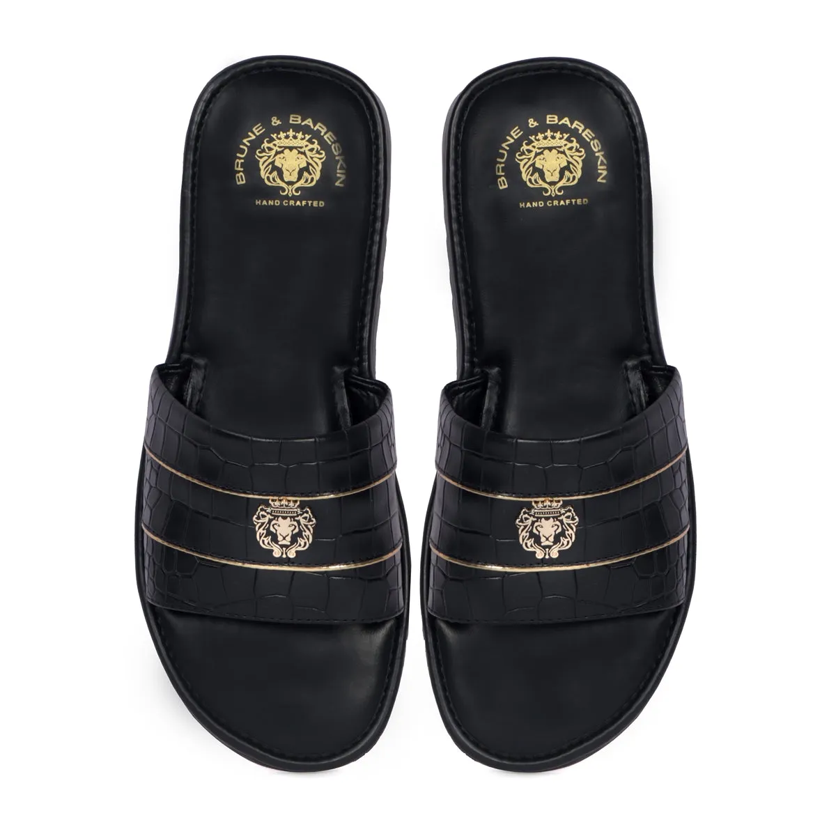 Black Deep Cut Croco Leather With Signature Metal Lion Slide-In-Slippers by BRUNE BY BARESKIN