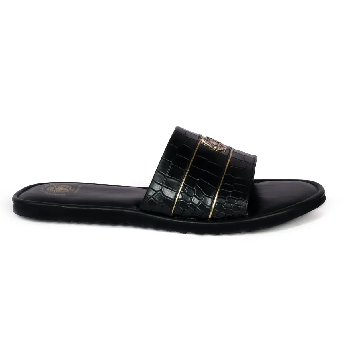 Black Deep Cut Croco Leather With Signature Metal Lion Slide-In-Slippers by BRUNE BY BARESKIN