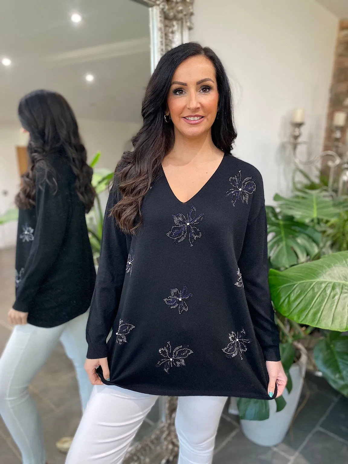 Black Flower Embellished Knit Top Joanna - Shop Now