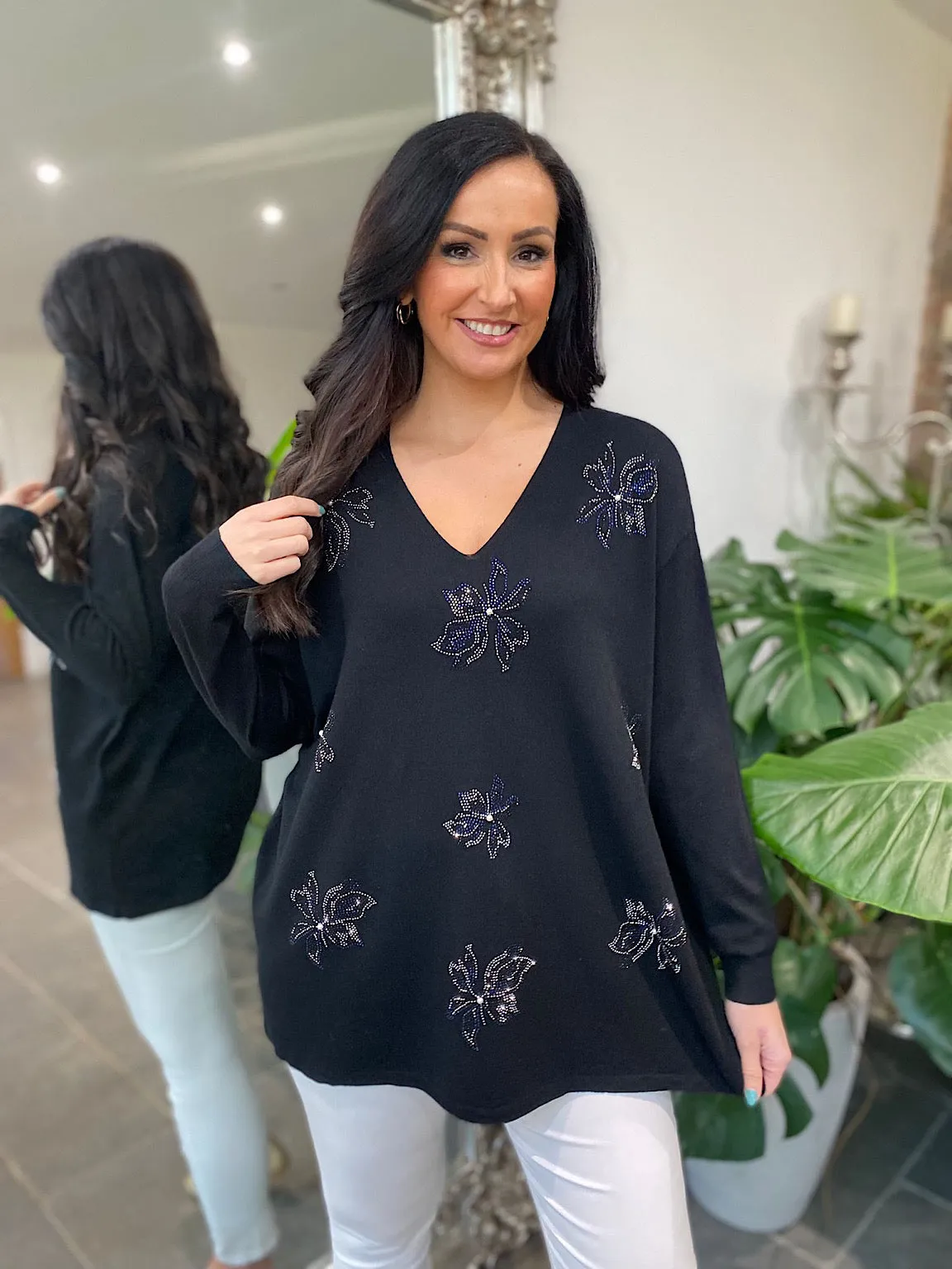 Black Flower Embellished Knit Top Joanna - Shop Now