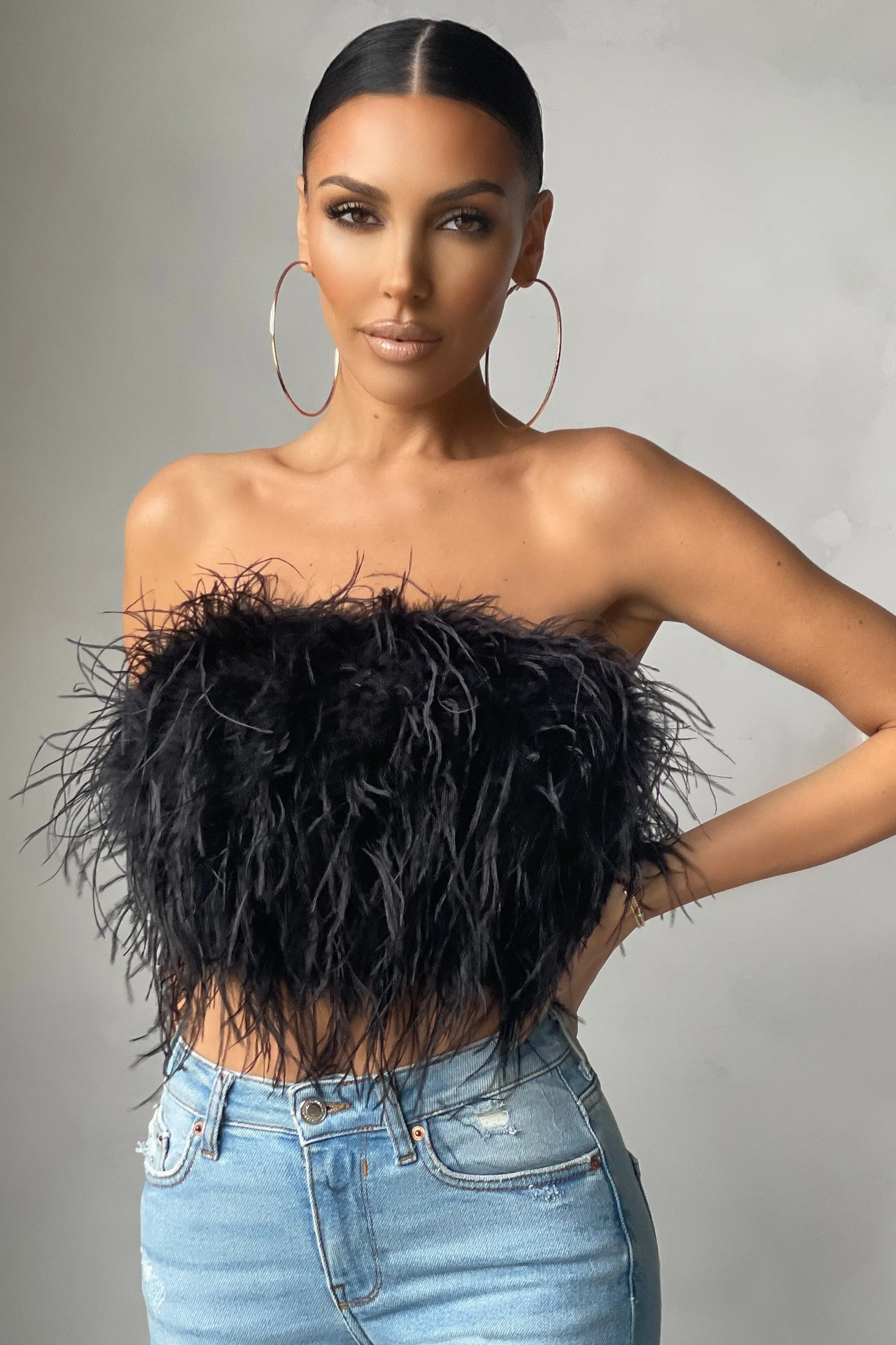 Black Feather Bandeau Crop Top | Dream Daze