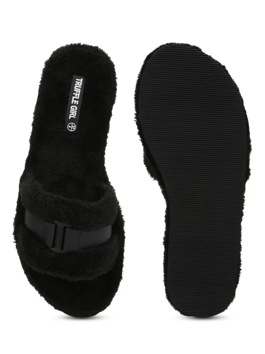 Black Fuzzy Fur Slides