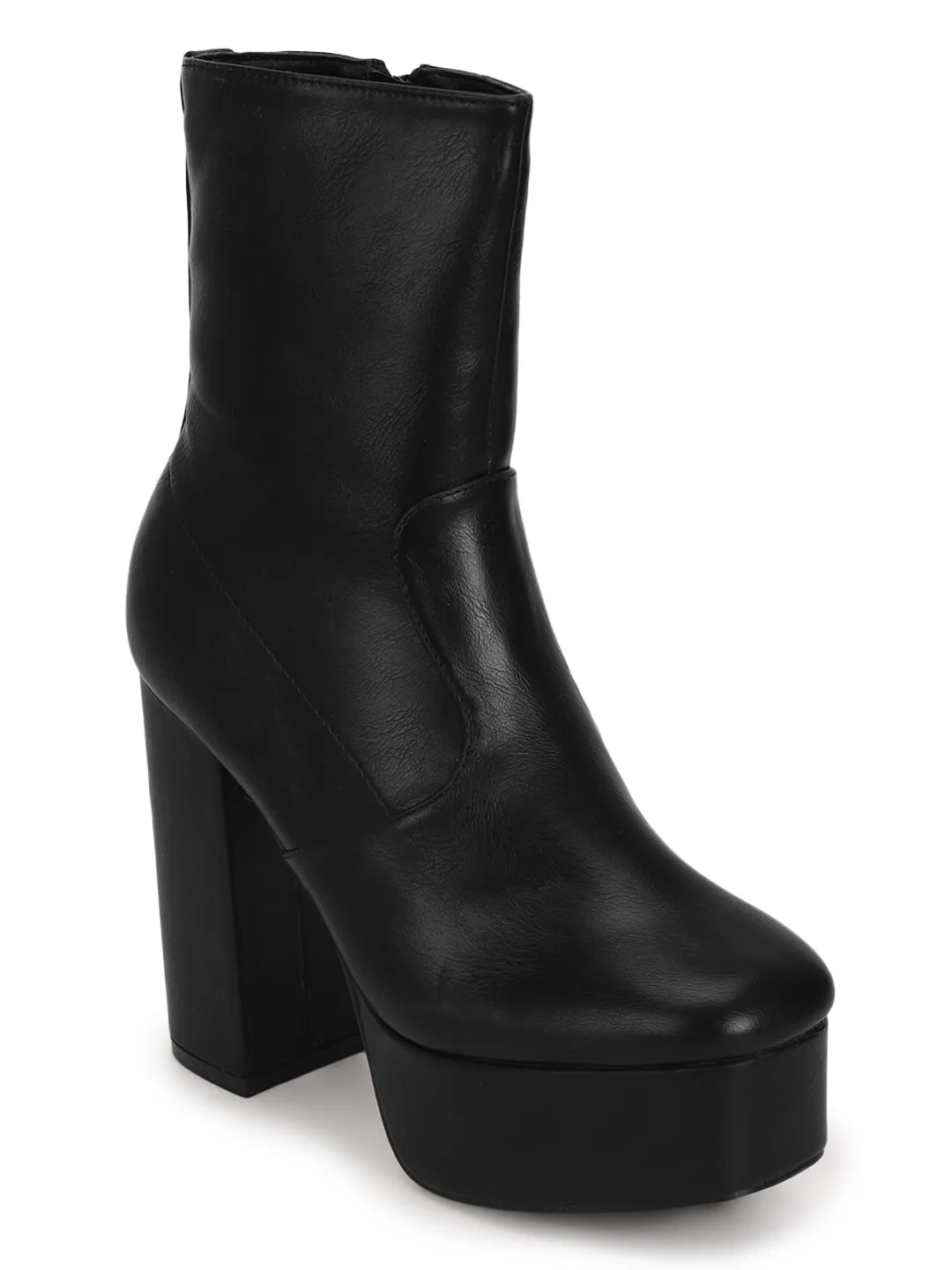 Black Pu Block Heel Ankle Length Boots