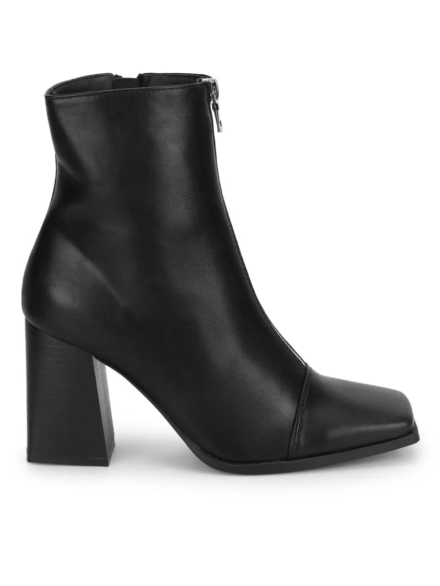 Black PU Front Zip Ankle Boots