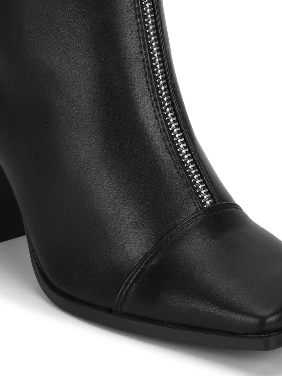 Black PU Front Zip Ankle Boots