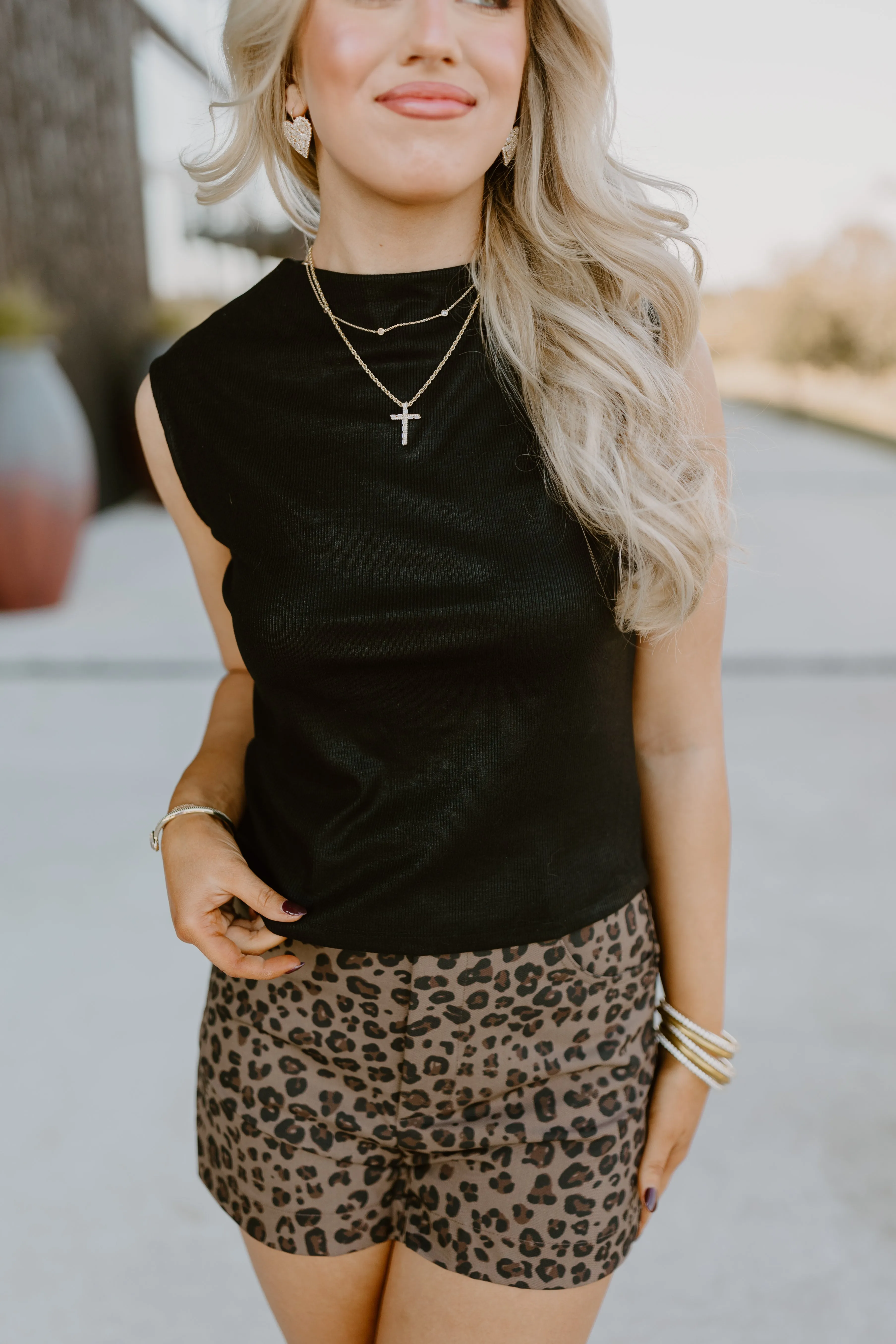 Black Sleeveless Mock Neck Knit Top