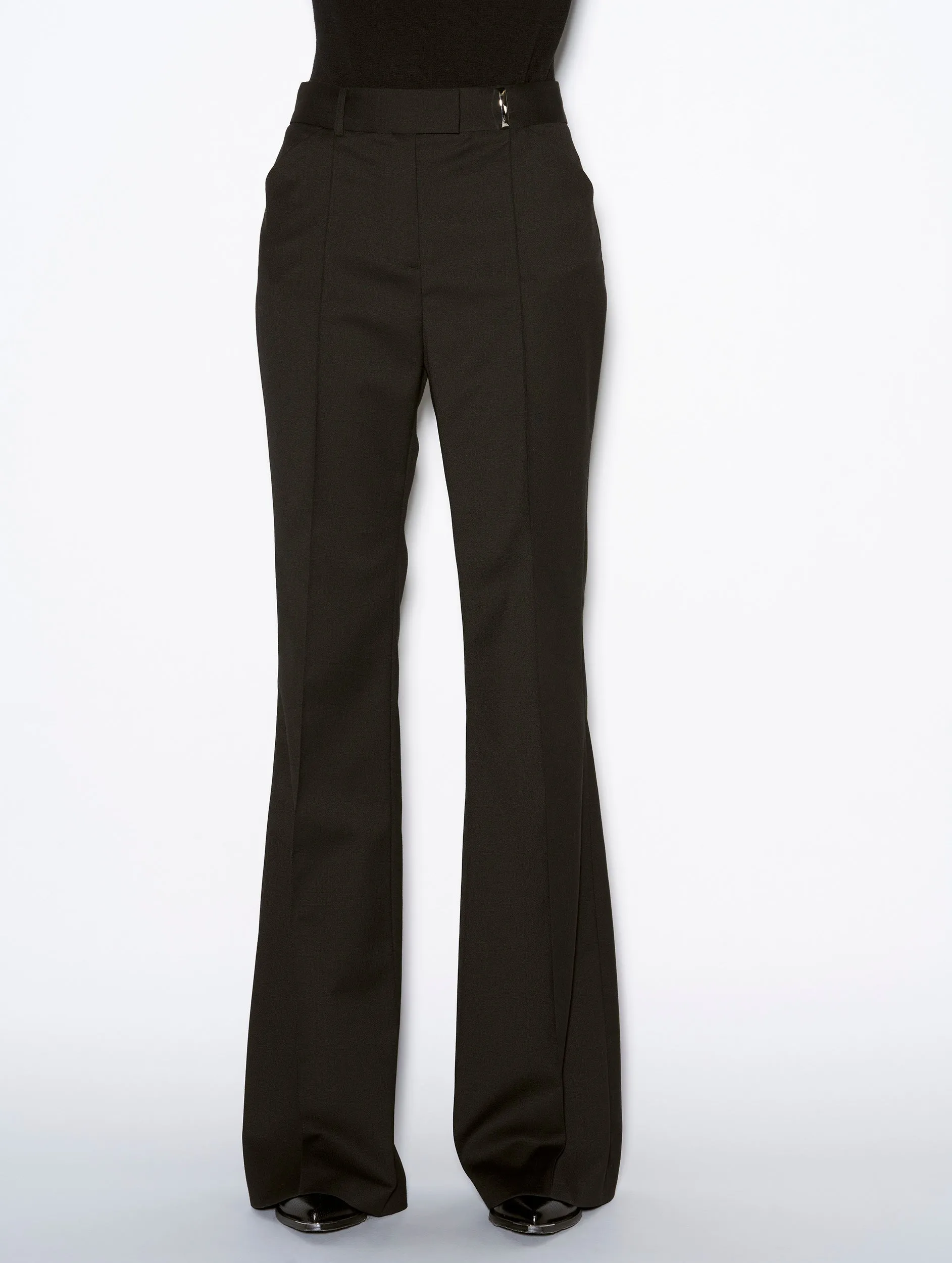 Black stretch wool flared trousers