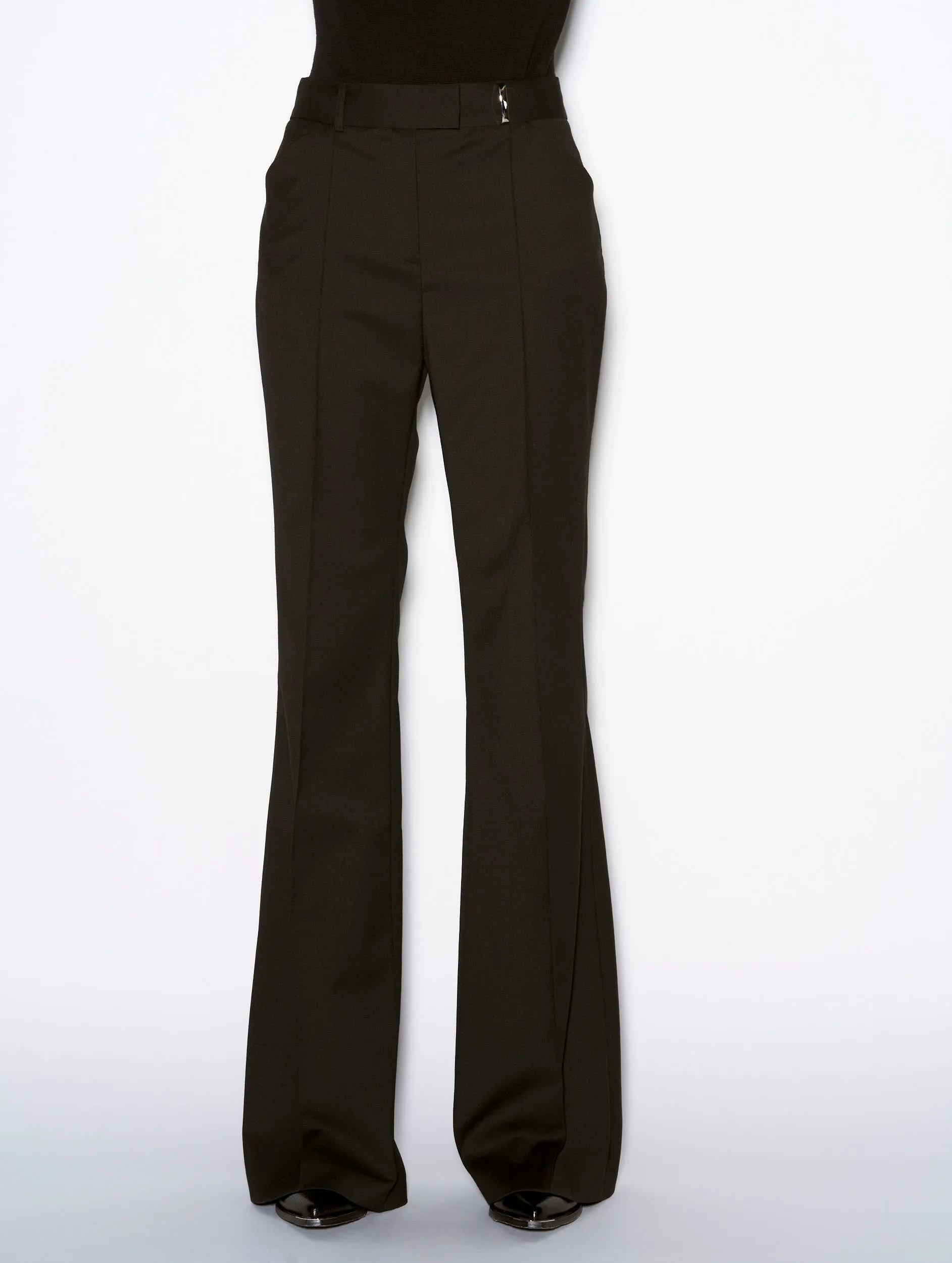 Black stretch wool flared trousers