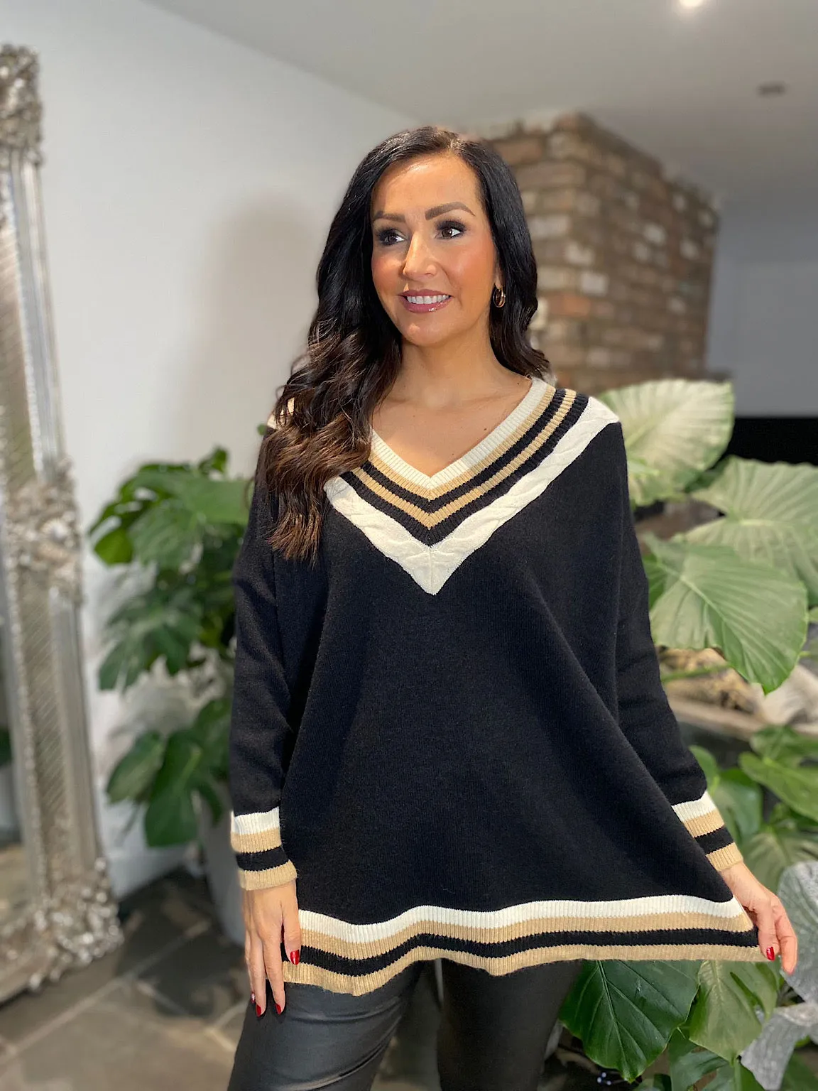 Striped Black V Neck Knit Debbie