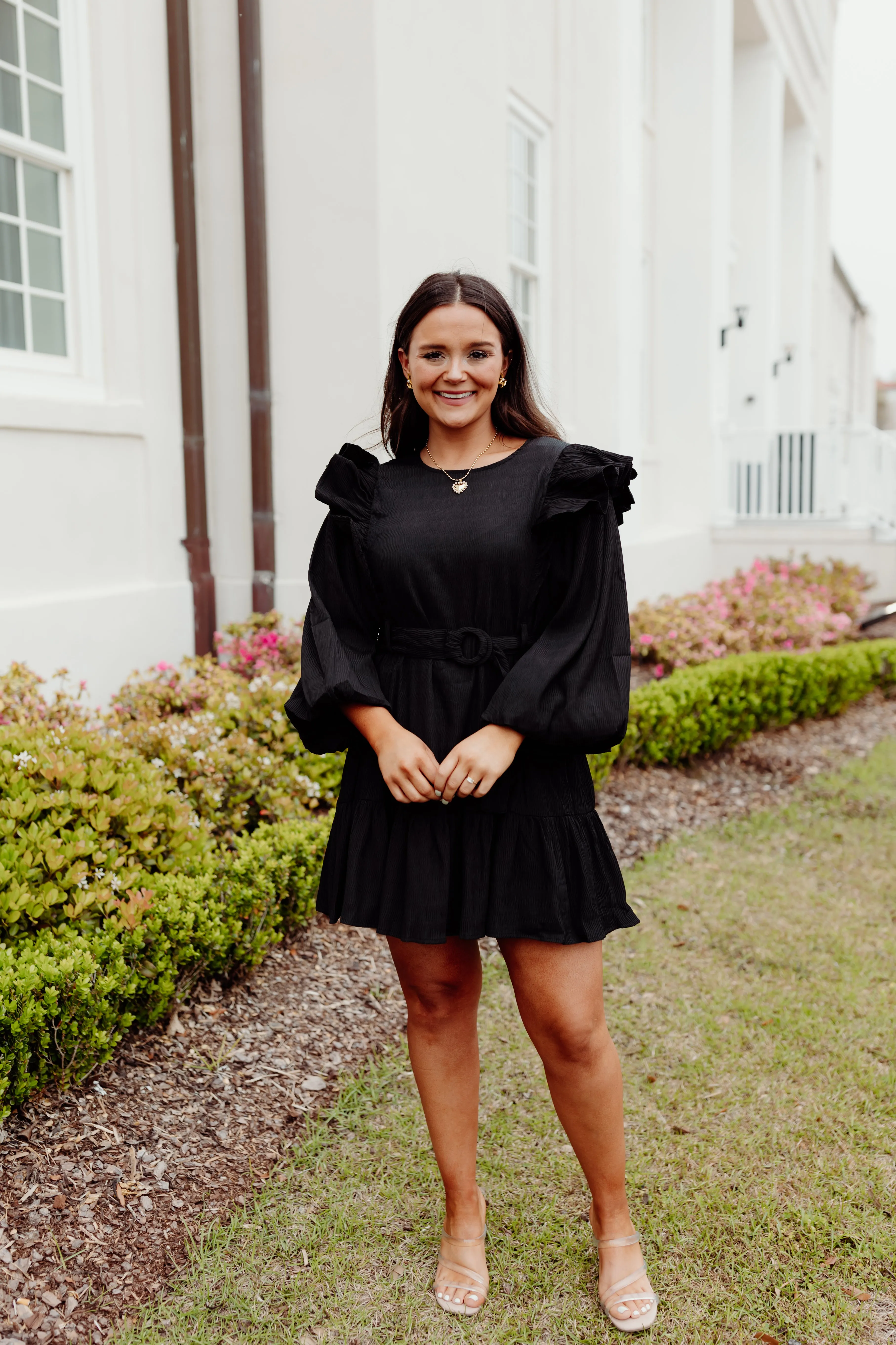 Black Textured Knit Belted Ruffle Bell Sleeve Dress