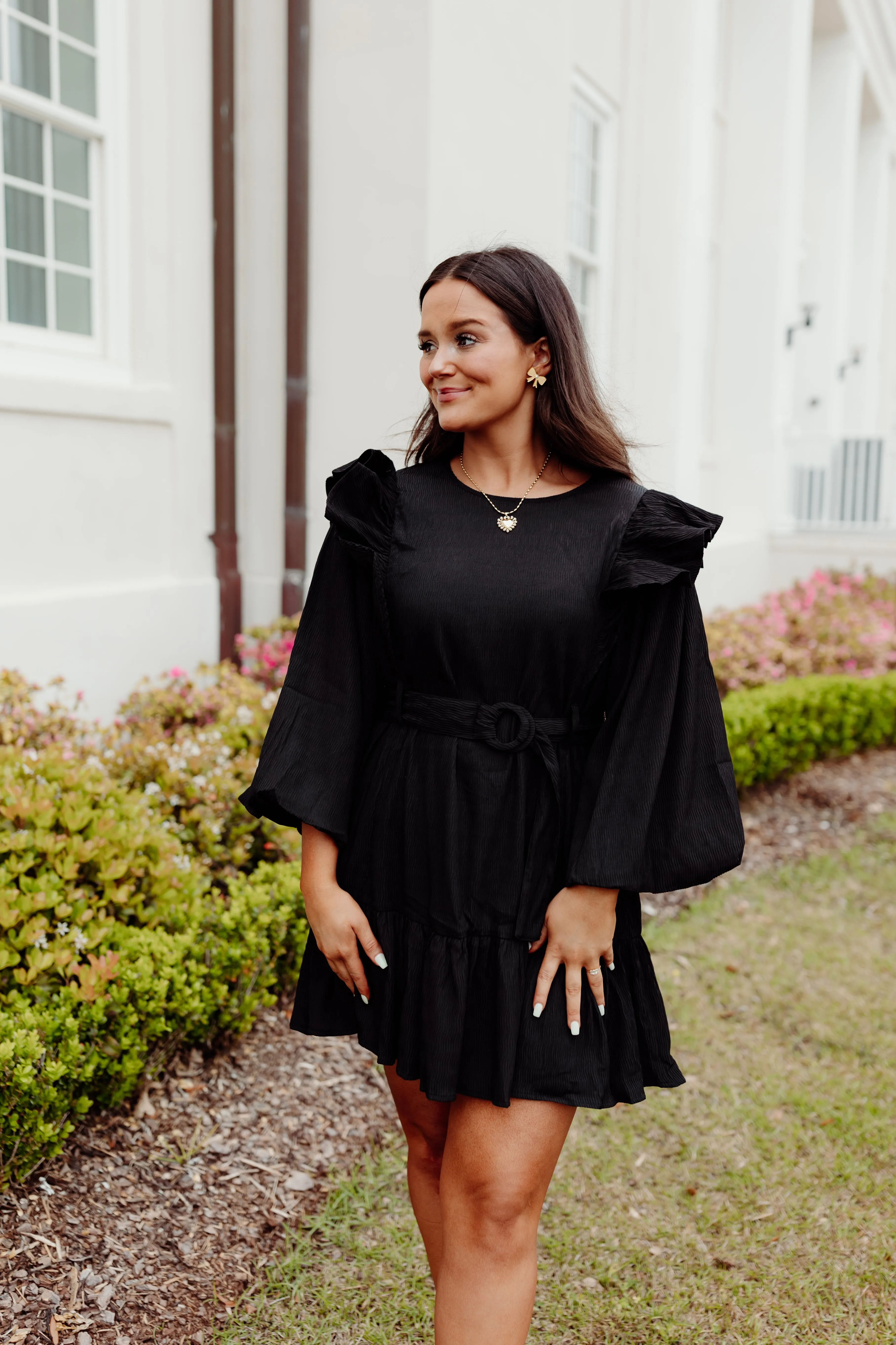 Black Textured Knit Belted Ruffle Bell Sleeve Dress