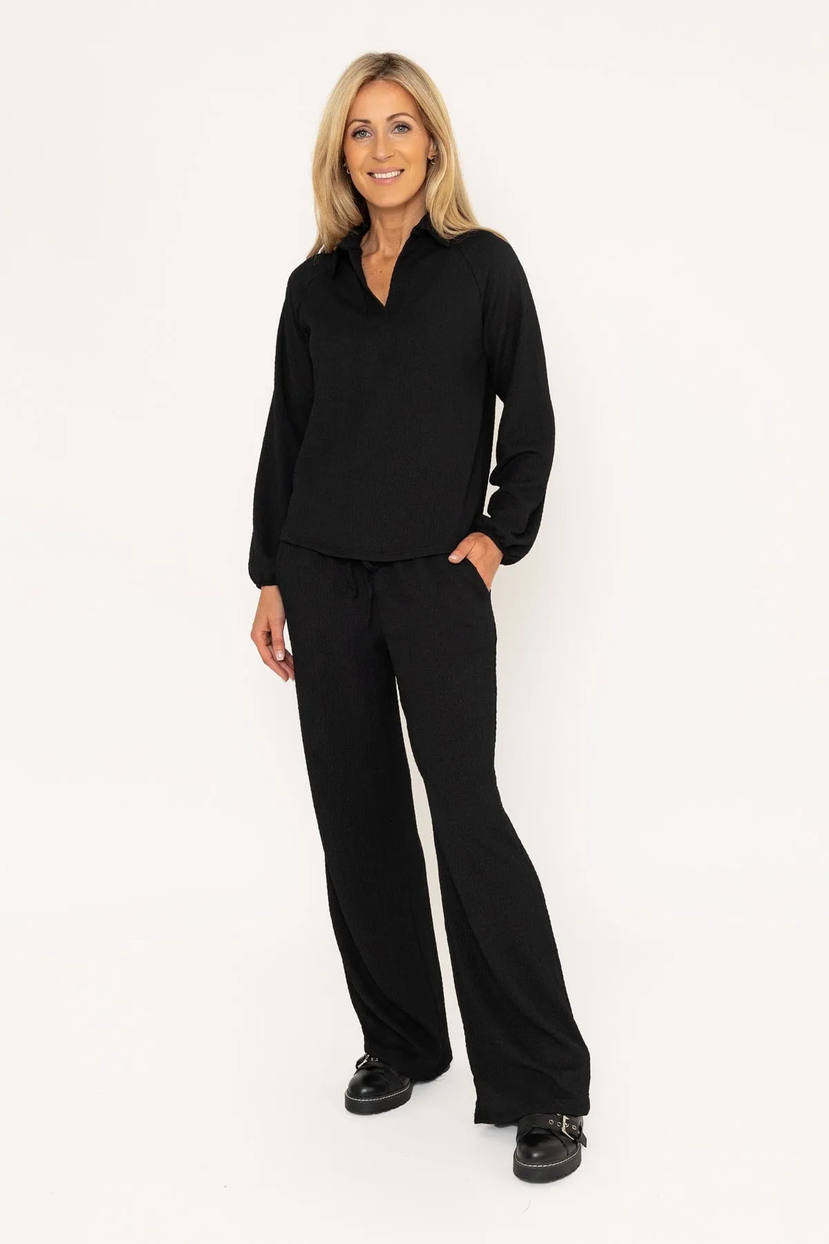 Black Textured Wide Leg Trousers