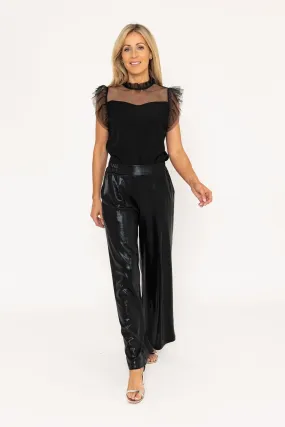 Black Wide Leg Wet Look Trousers