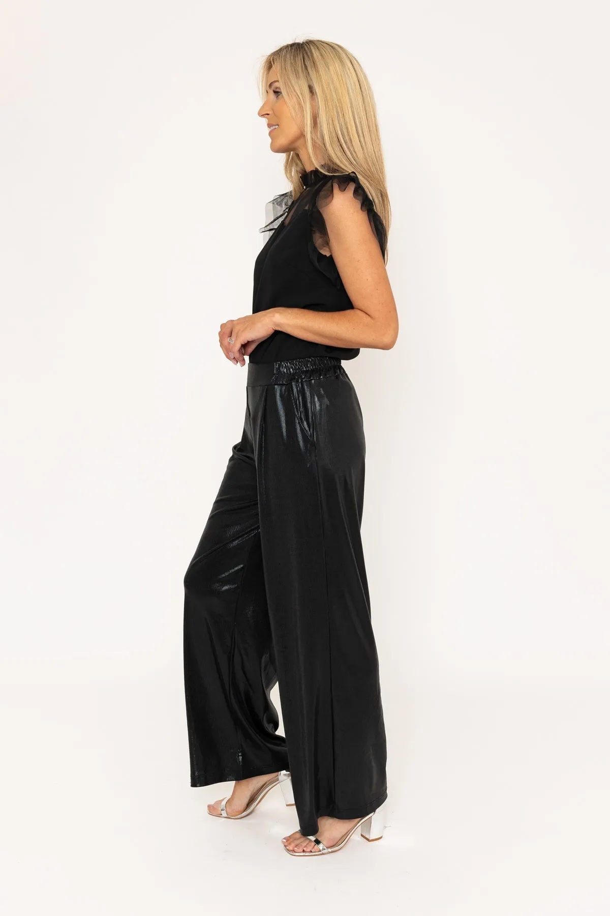 Black Wide Leg Wet Look Trousers