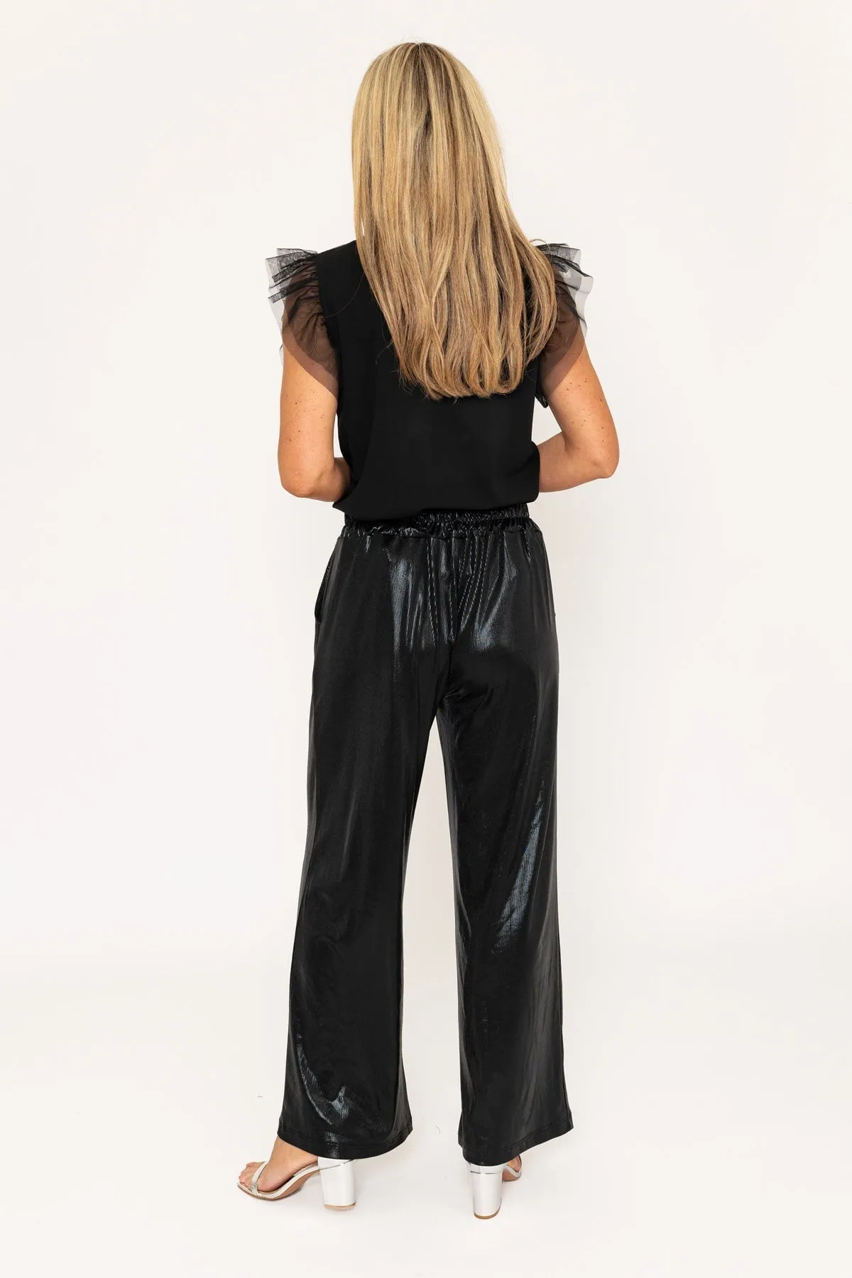 Black Wide Leg Wet Look Trousers