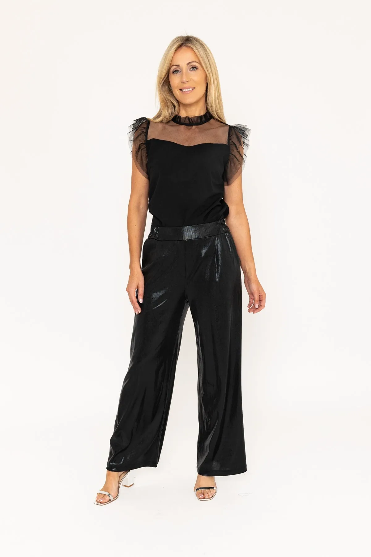 Black Wide Leg Wet Look Trousers