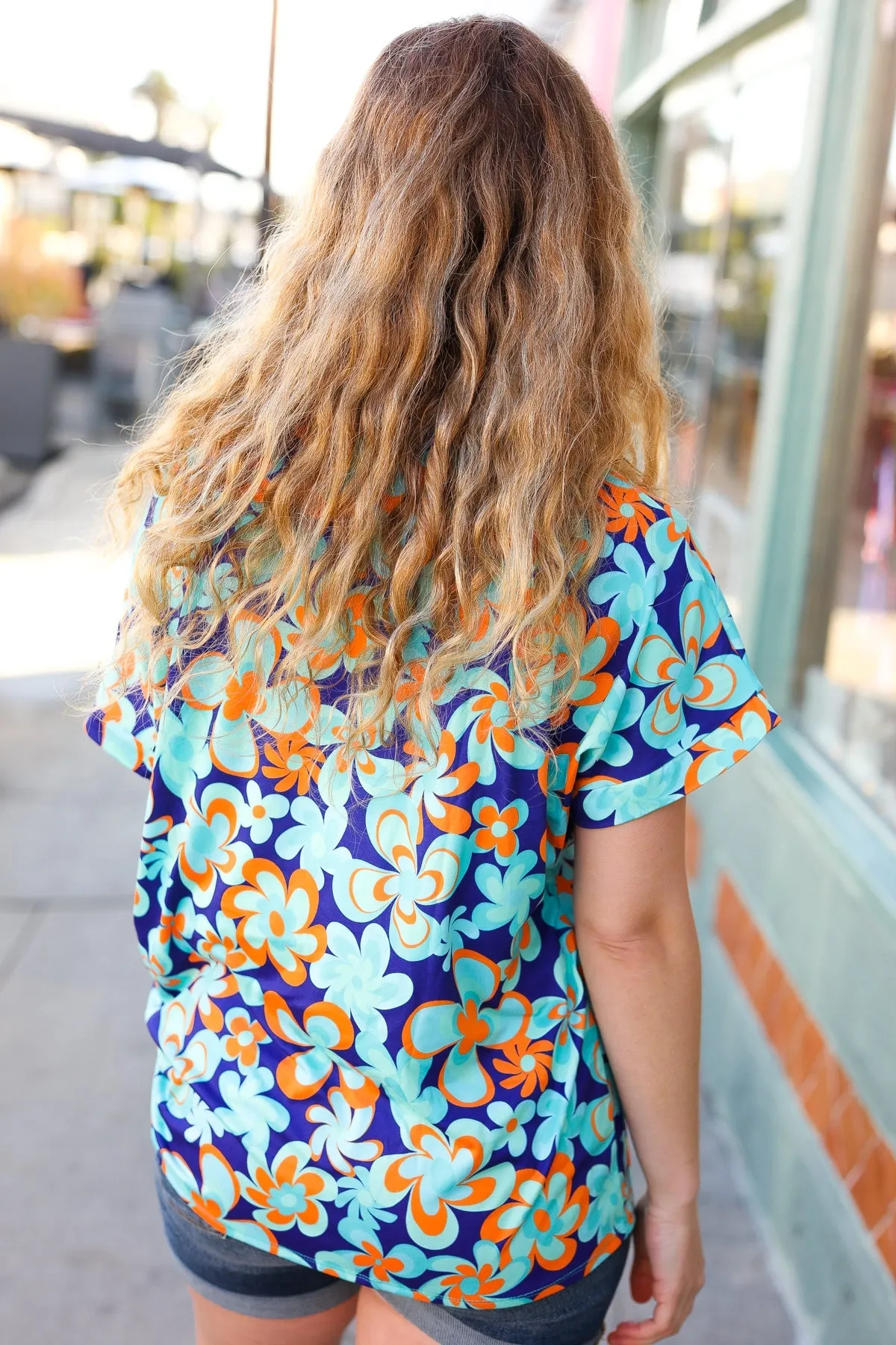 Floral V-Neck Top in Blue and Orange