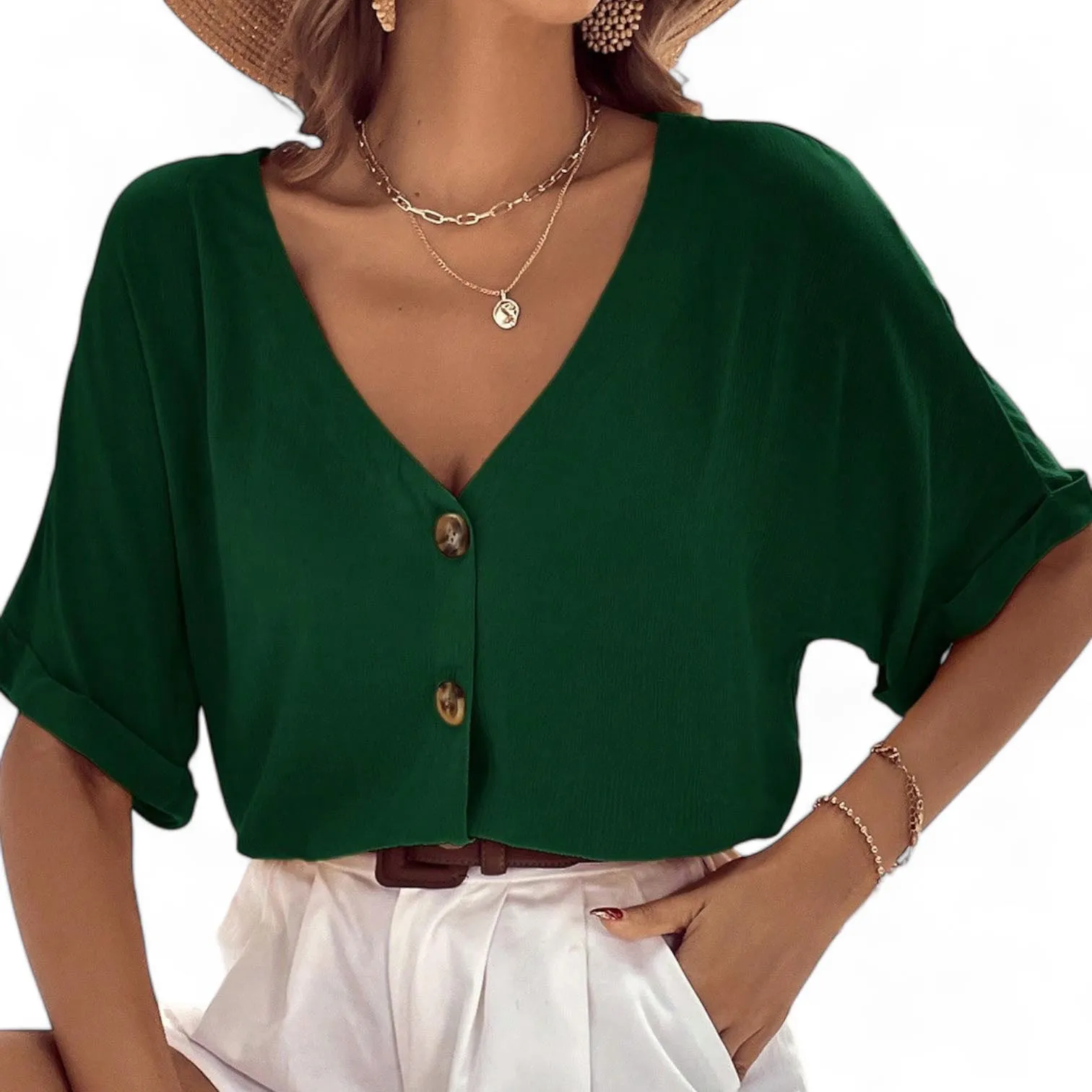 V Neck Button-Down Knit Top