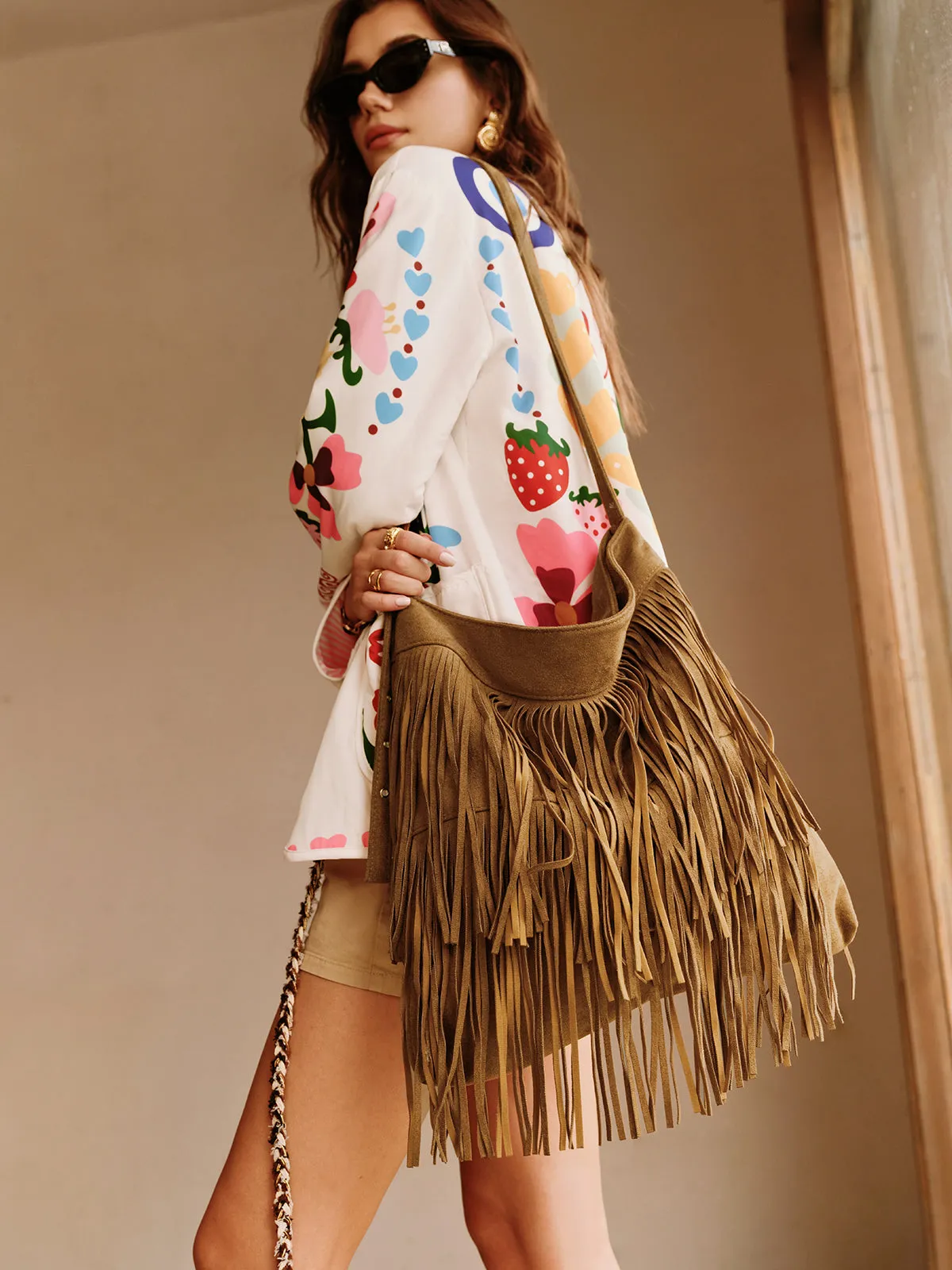 Boheme Buckle-Design Tassel Shoulder Bag