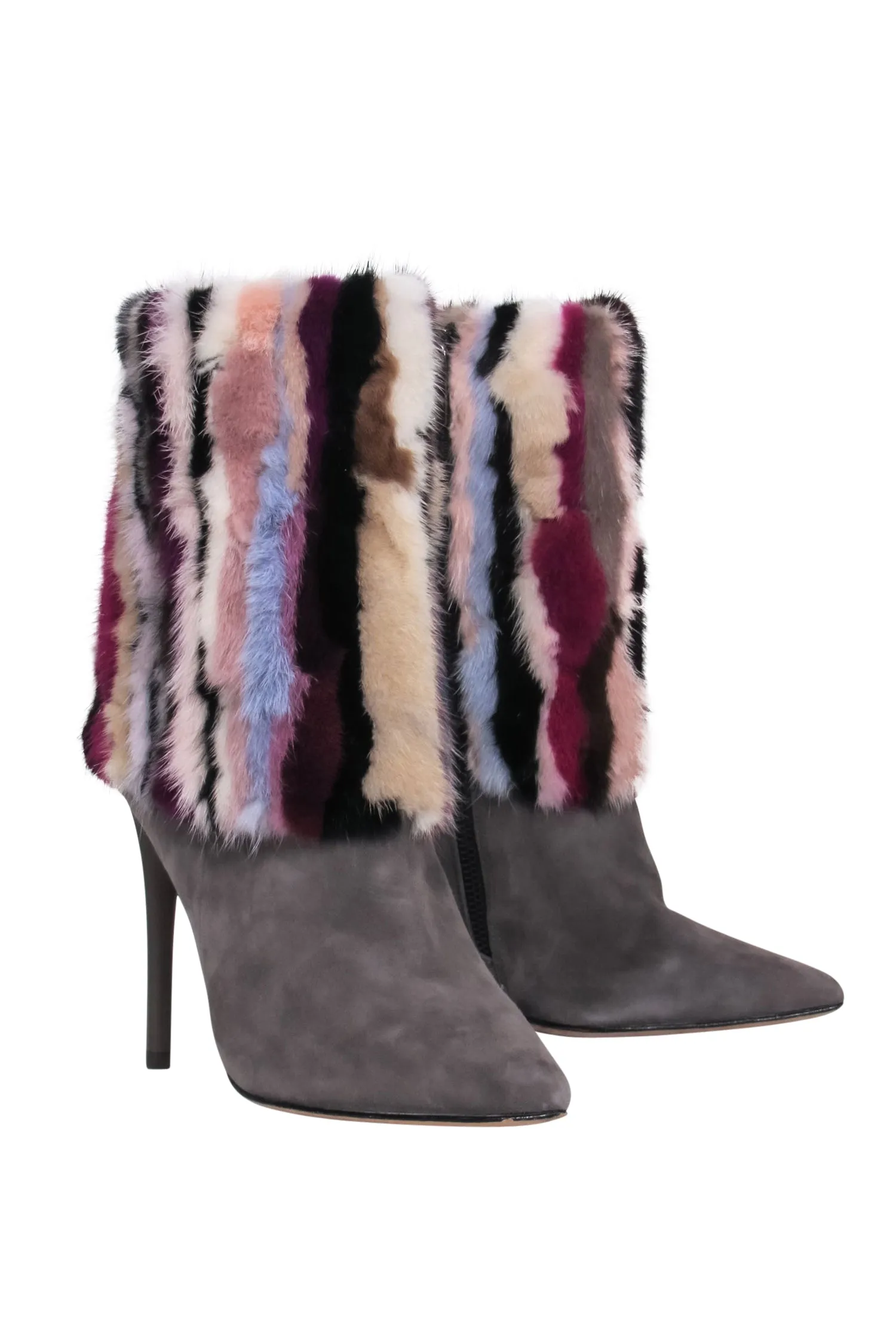 Brian Atwood - Grey Suede Pointed Toe Boots w/ Multicolored Fur Sz 7.5