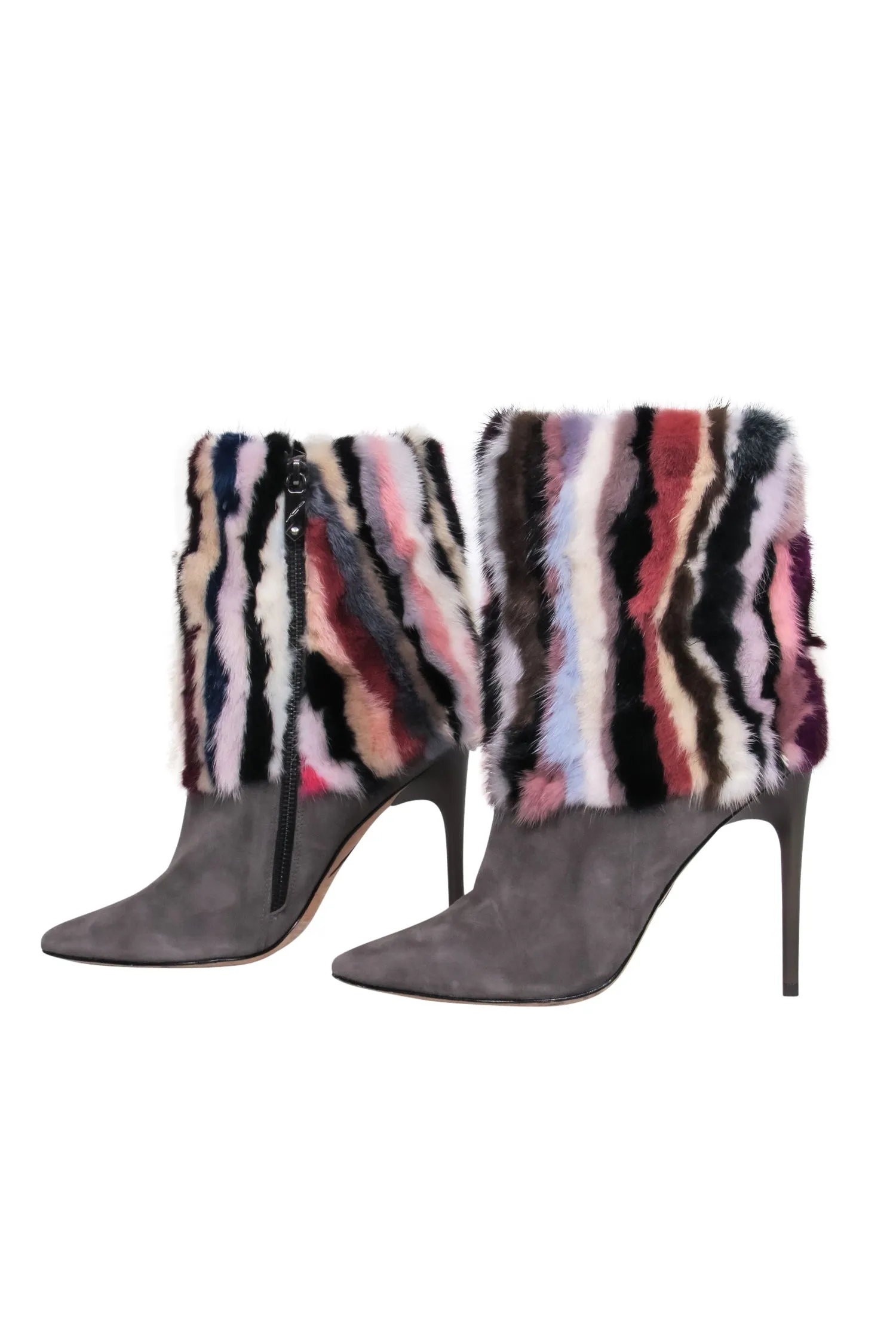 Brian Atwood - Grey Suede Pointed Toe Boots w/ Multicolored Fur Sz 7.5