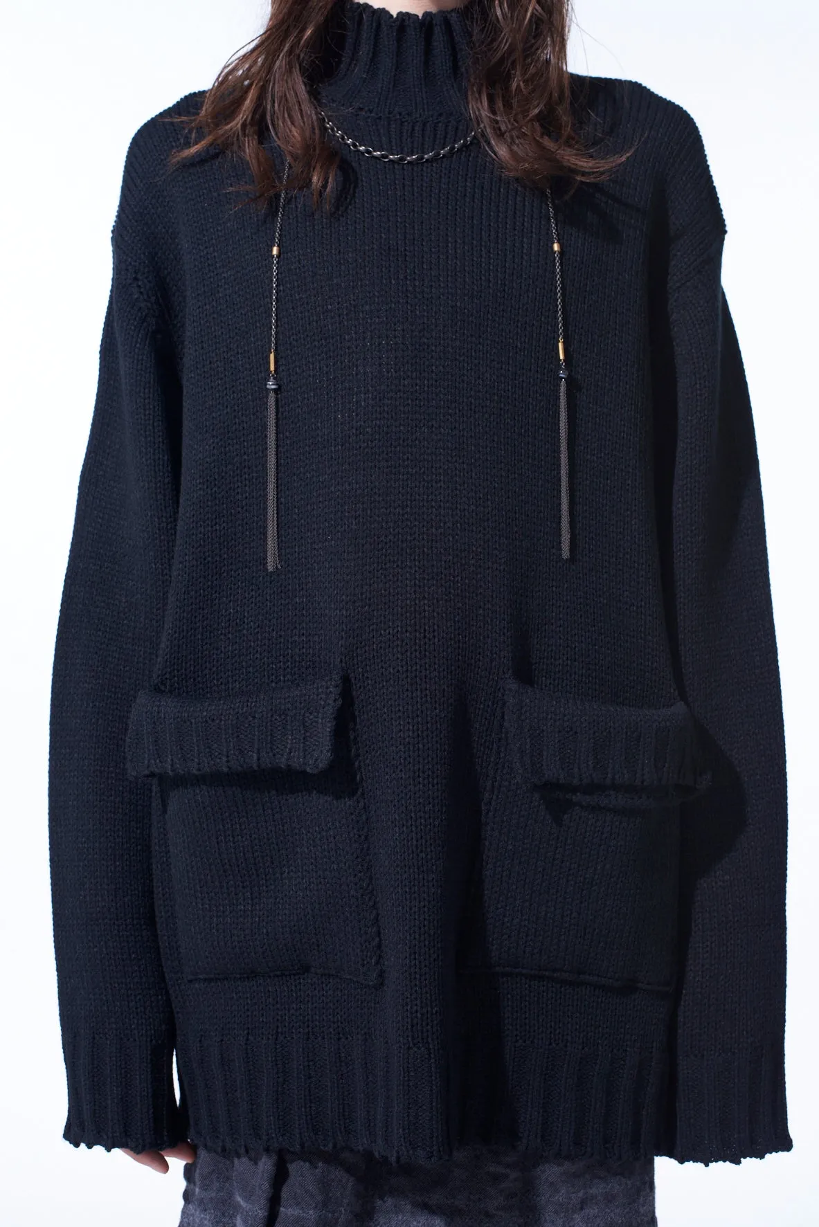 BULKY WOOL BIG POCKET HIGH NECK KNIT