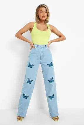 Butterfly Embroidered Wide Leg Jeans