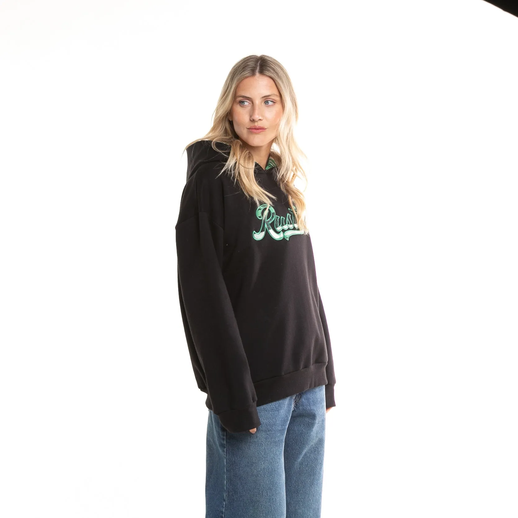 Oversize Black Hooded Kangaroo Sweater at Rusty Country Club.